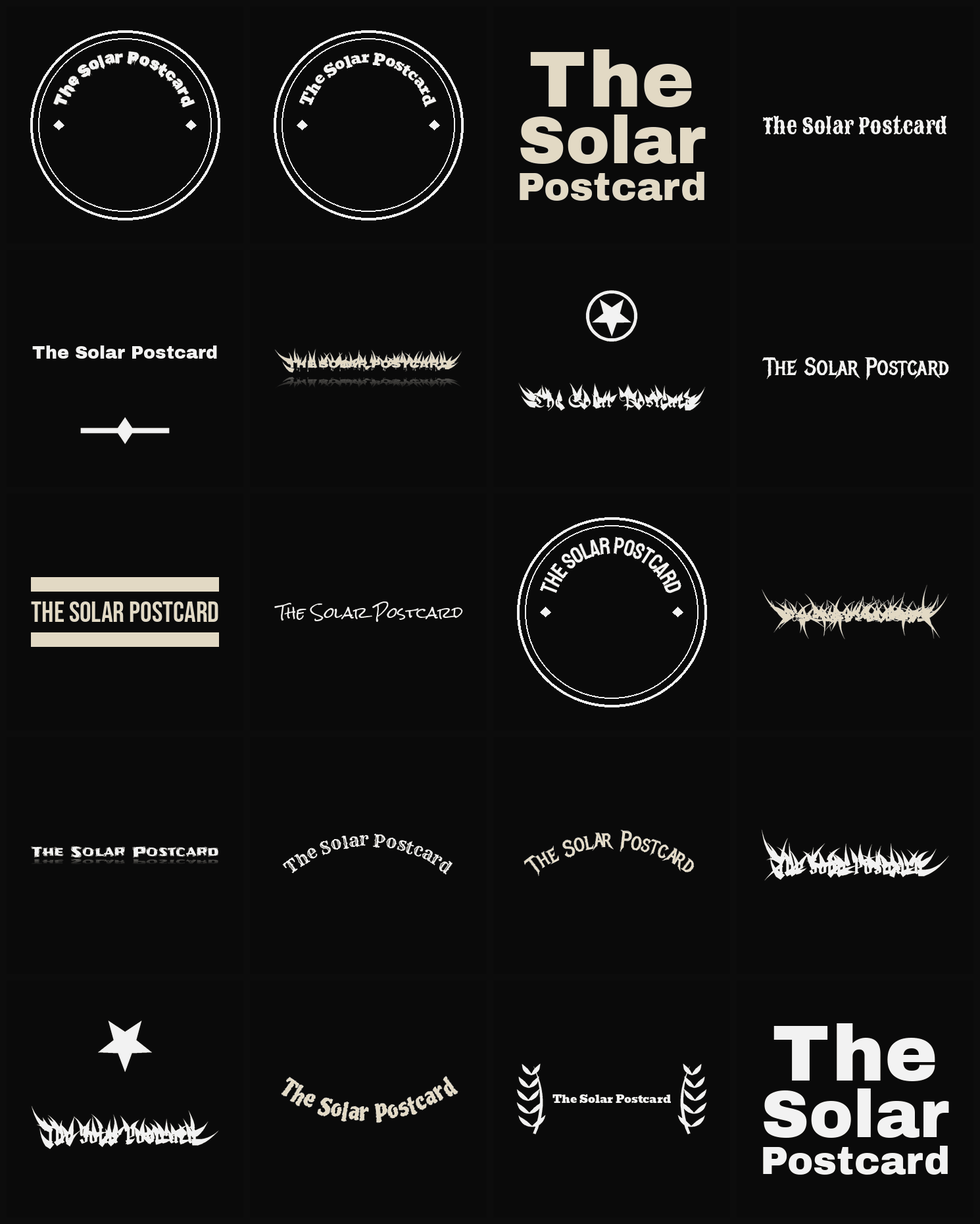 Twenty The Solar Postcard band logo ideas — different faces, treatments and spike settings