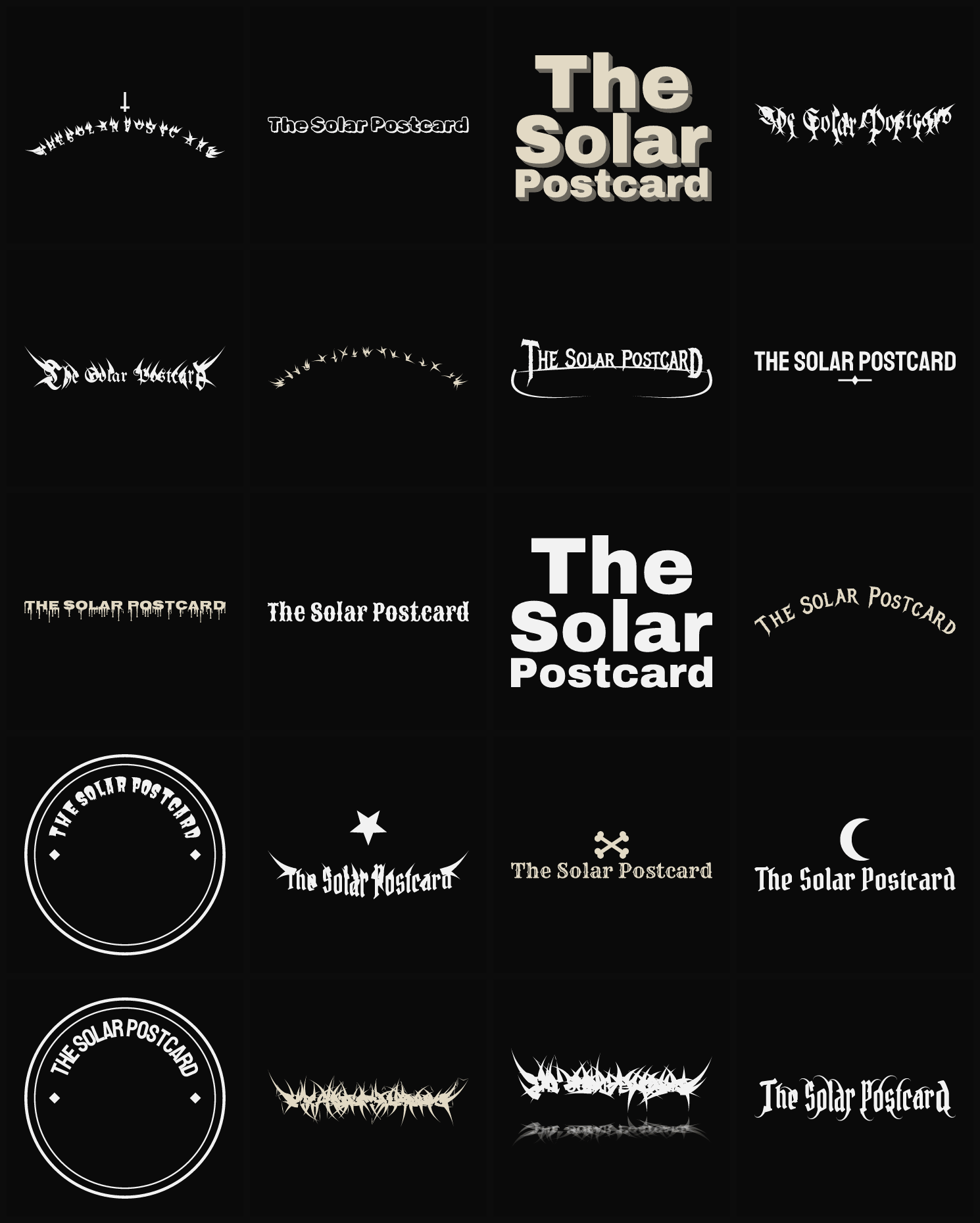 Twenty The Solar Postcard band logo ideas — different faces, treatments and spike settings