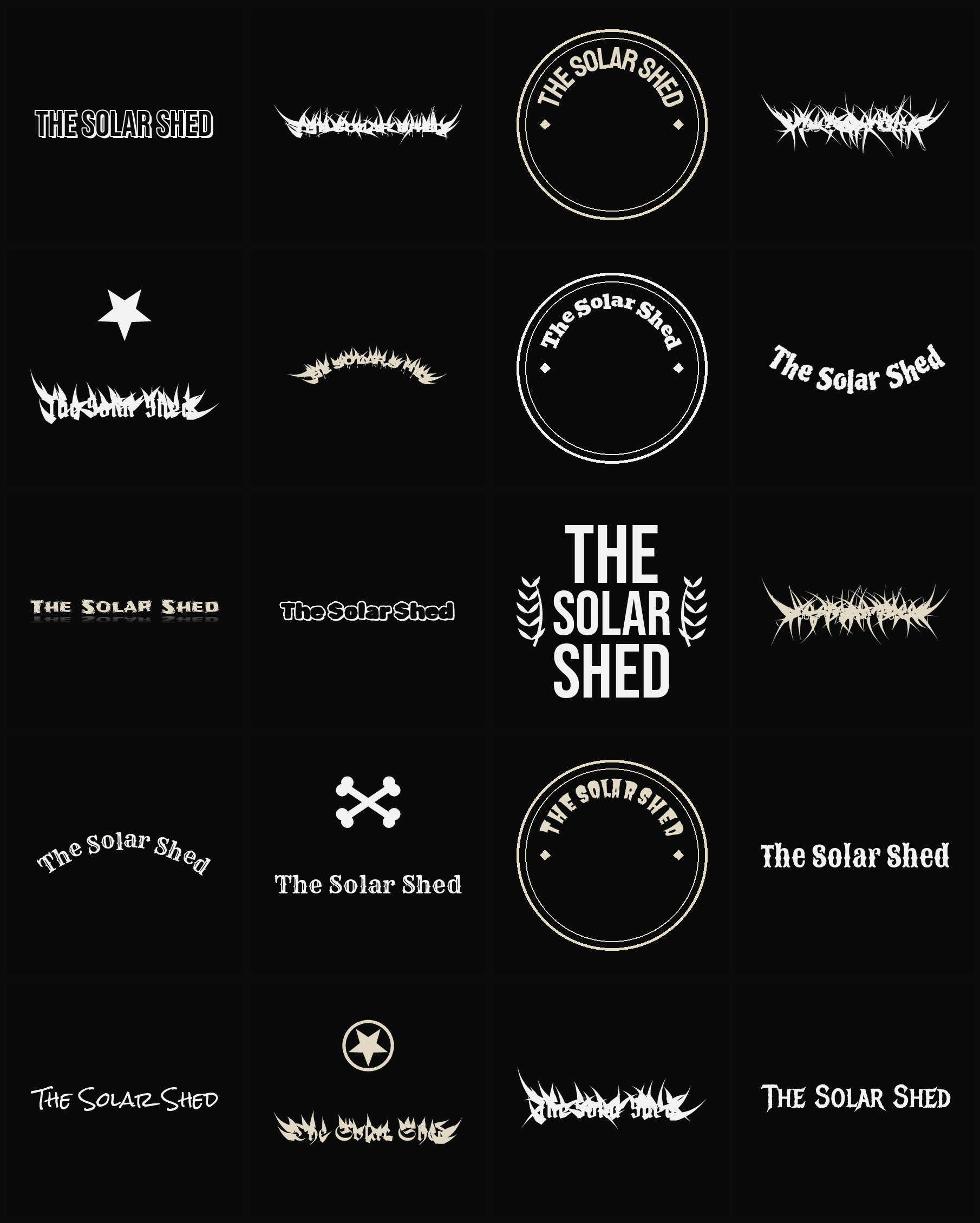 Twenty The Solar Shed band logo ideas — different faces, treatments and spike settings