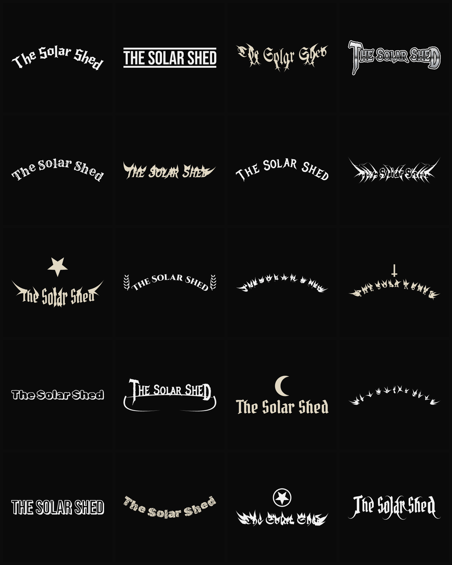 Twenty The Solar Shed band logo ideas — different faces, treatments and spike settings