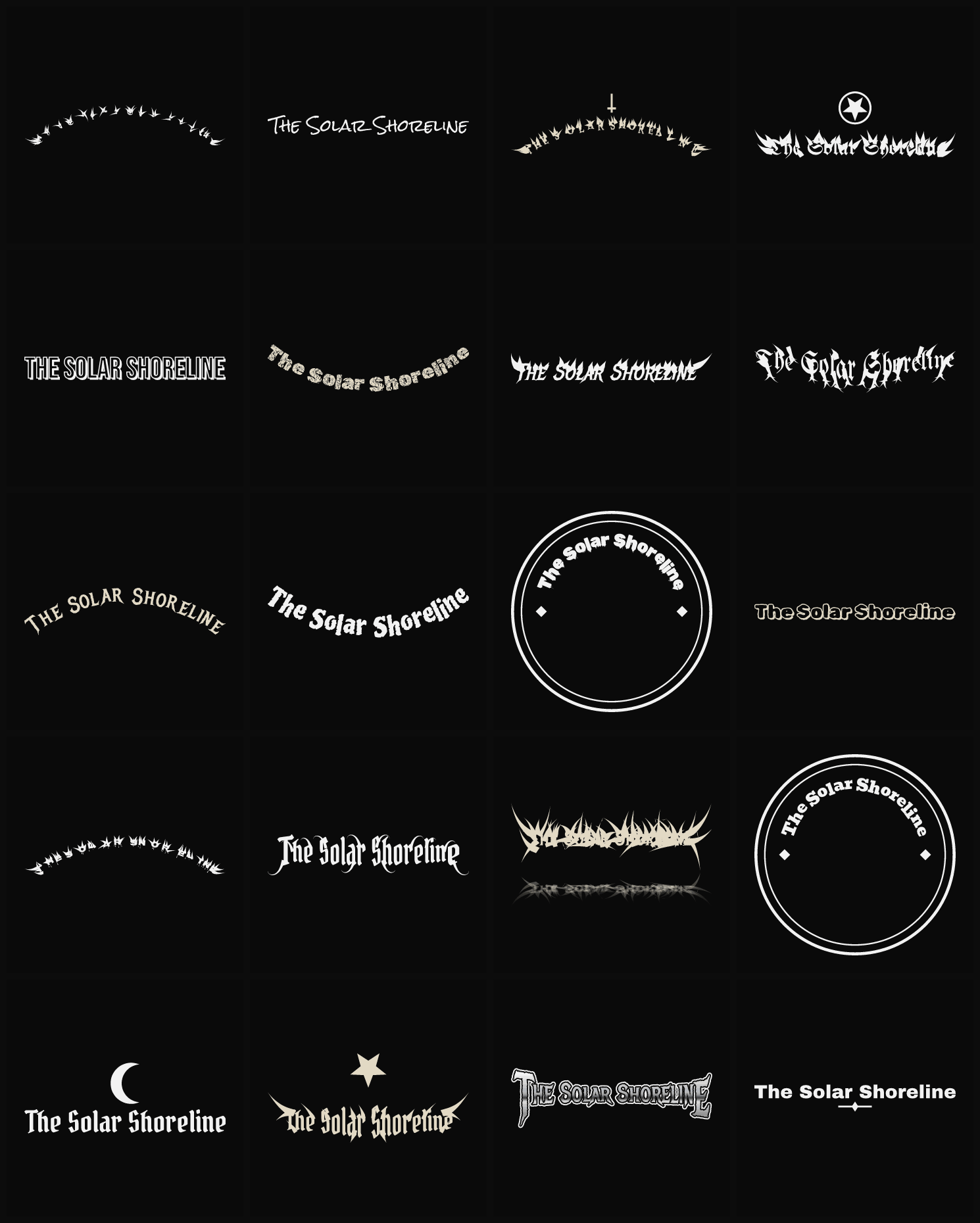 Twenty The Solar Shoreline band logo ideas — different faces, treatments and spike settings