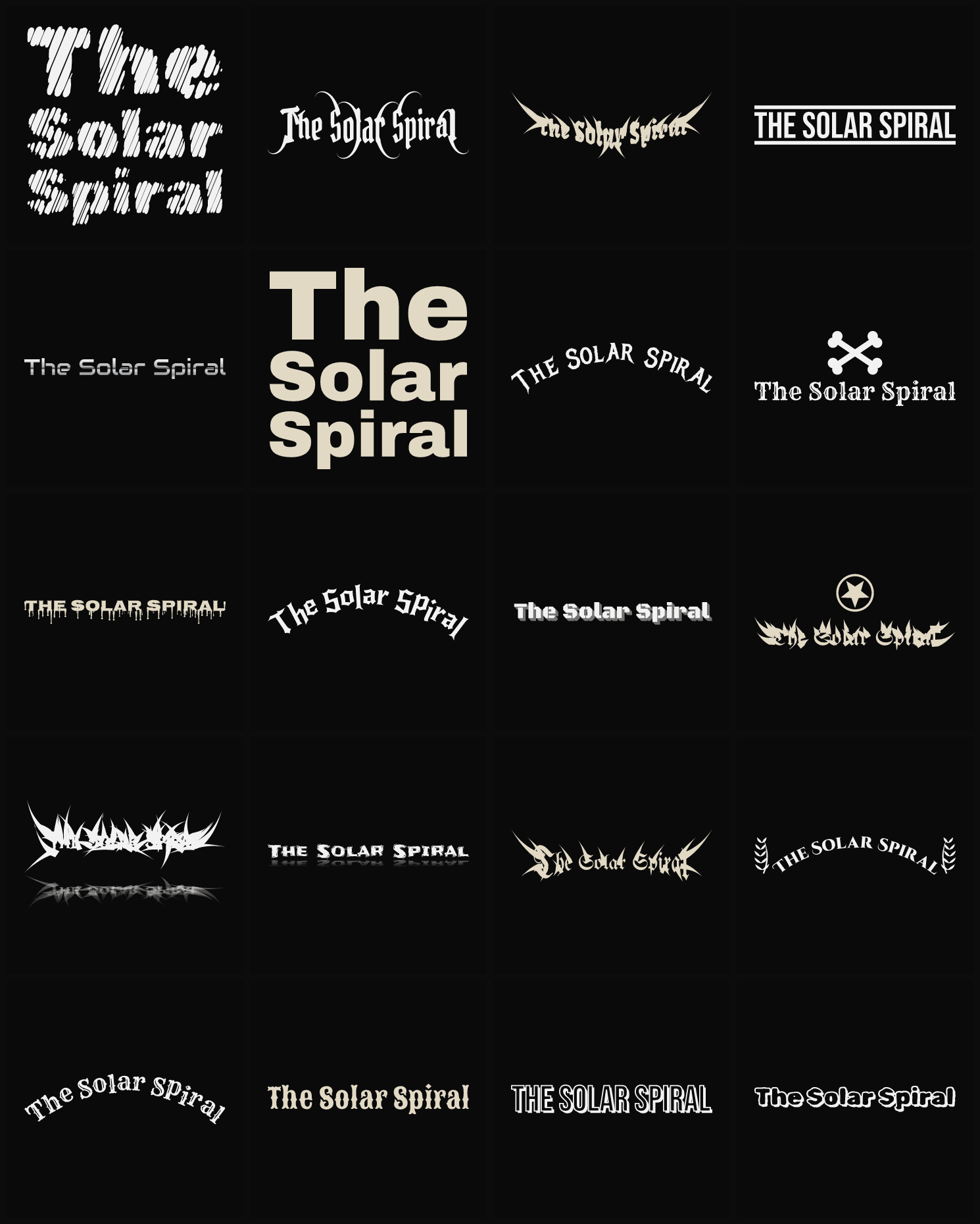 Twenty The Solar Spiral band logo ideas — different faces, treatments and spike settings