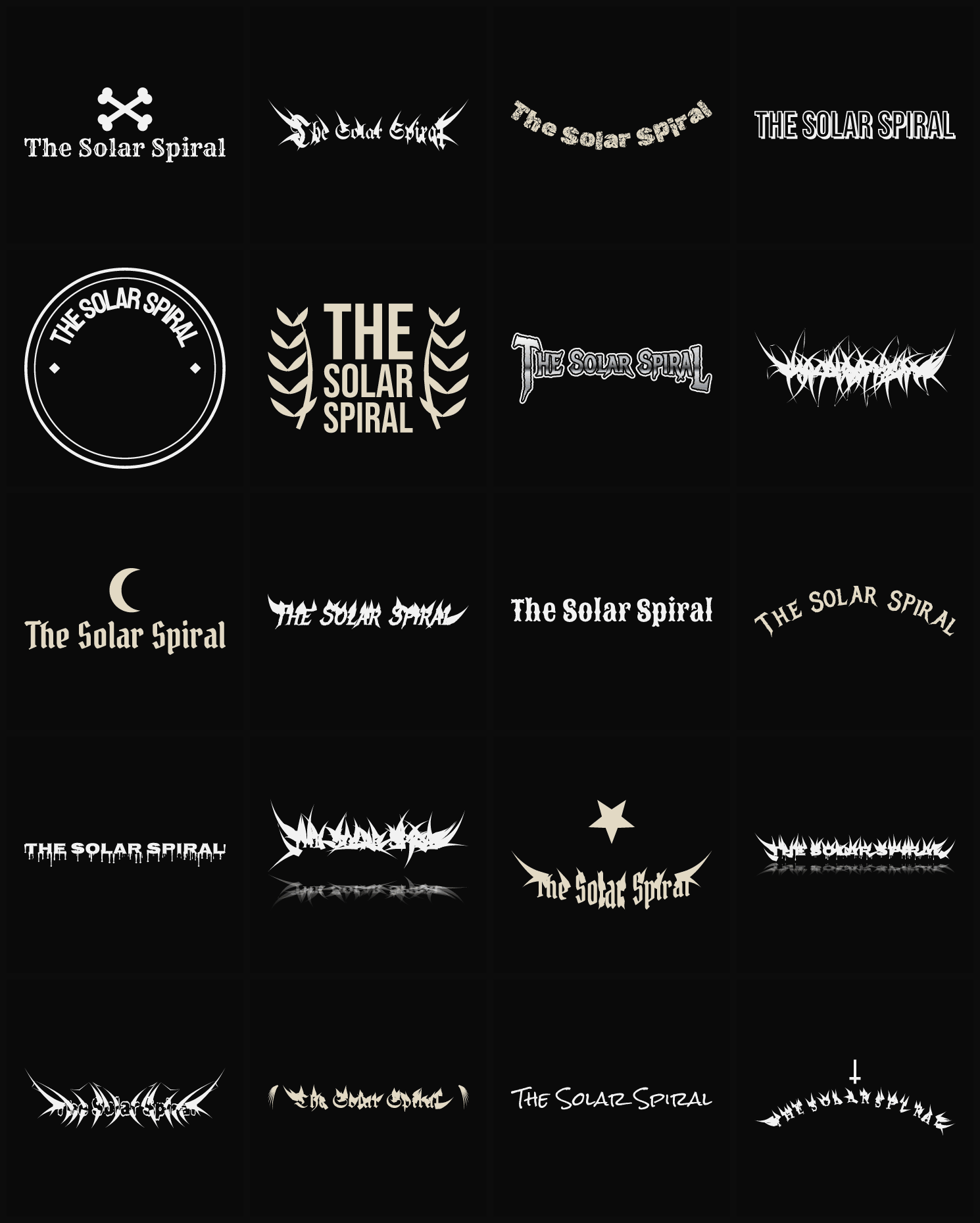 Twenty The Solar Spiral band logo ideas — different faces, treatments and spike settings