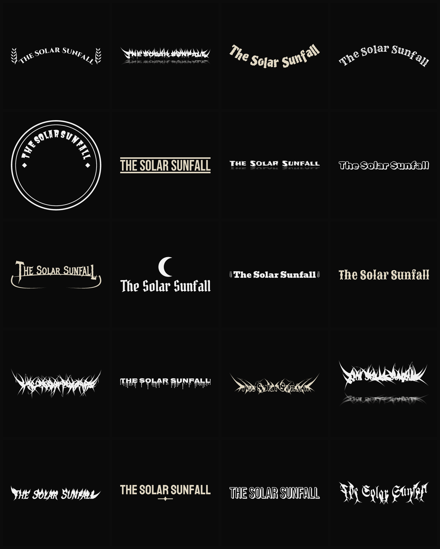 Twenty The Solar Sunfall band logo ideas — different faces, treatments and spike settings