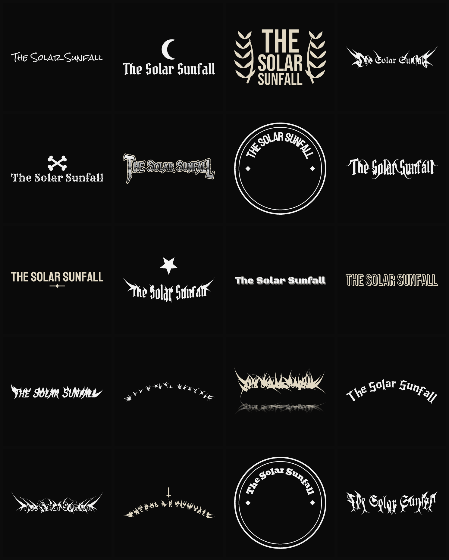 Twenty The Solar Sunfall band logo ideas — different faces, treatments and spike settings