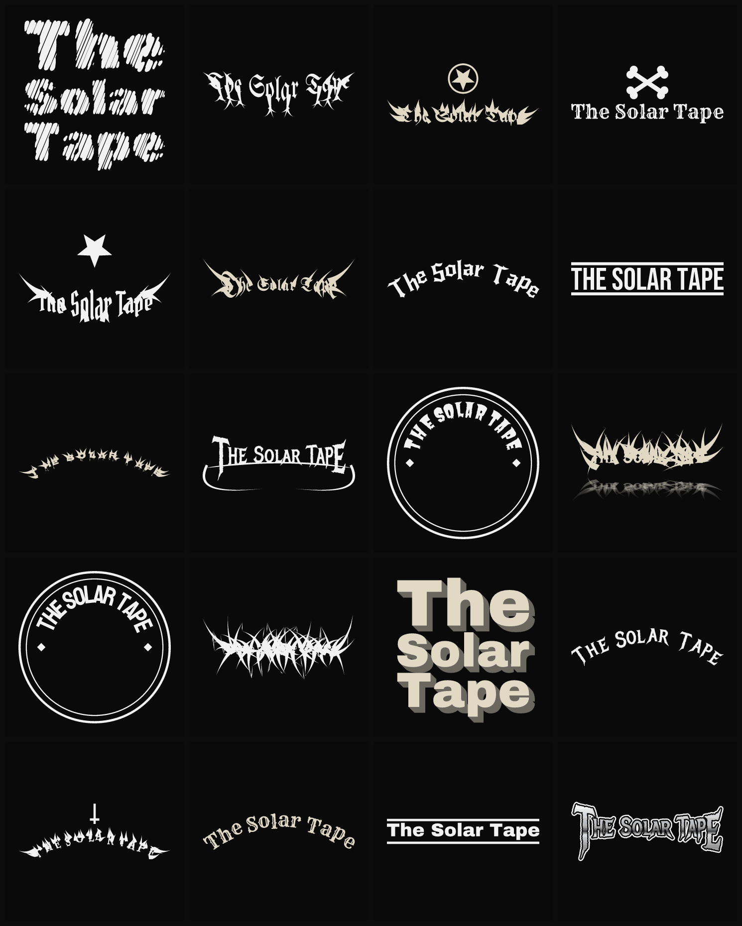 Twenty The Solar Tape band logo ideas — different faces, treatments and spike settings