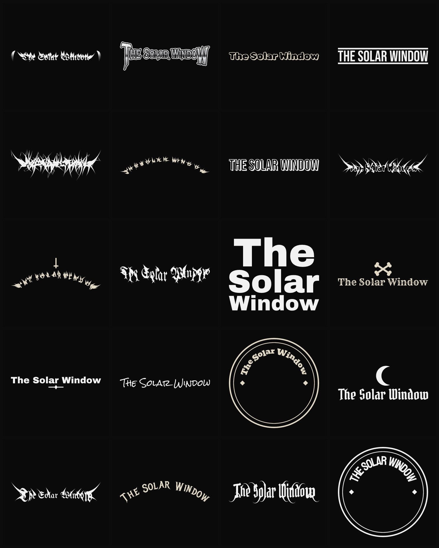 Twenty The Solar Window band logo ideas — different faces, treatments and spike settings