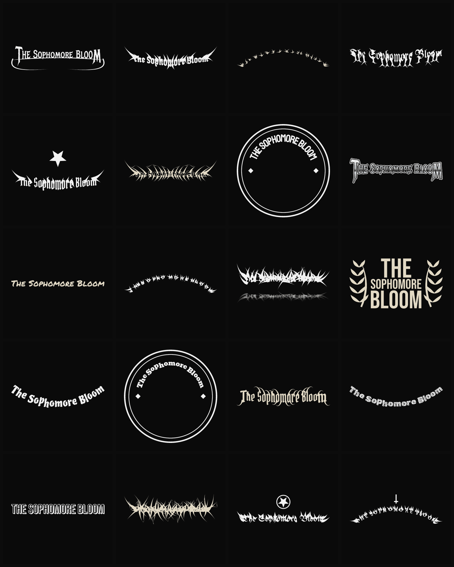 Twenty The Sophomore Bloom band logo ideas — different faces, treatments and spike settings