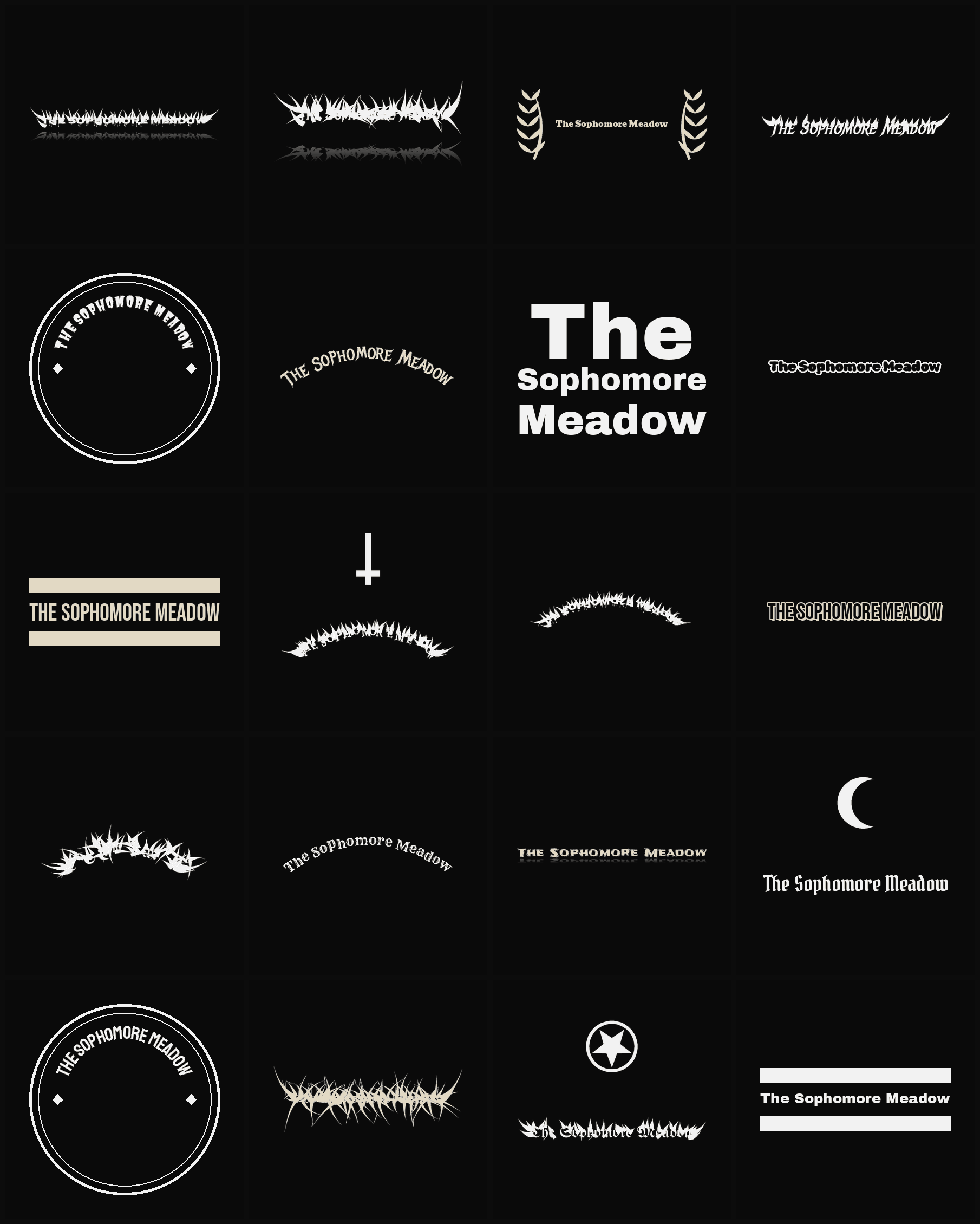 Twenty The Sophomore Meadow band logo ideas — different faces, treatments and spike settings