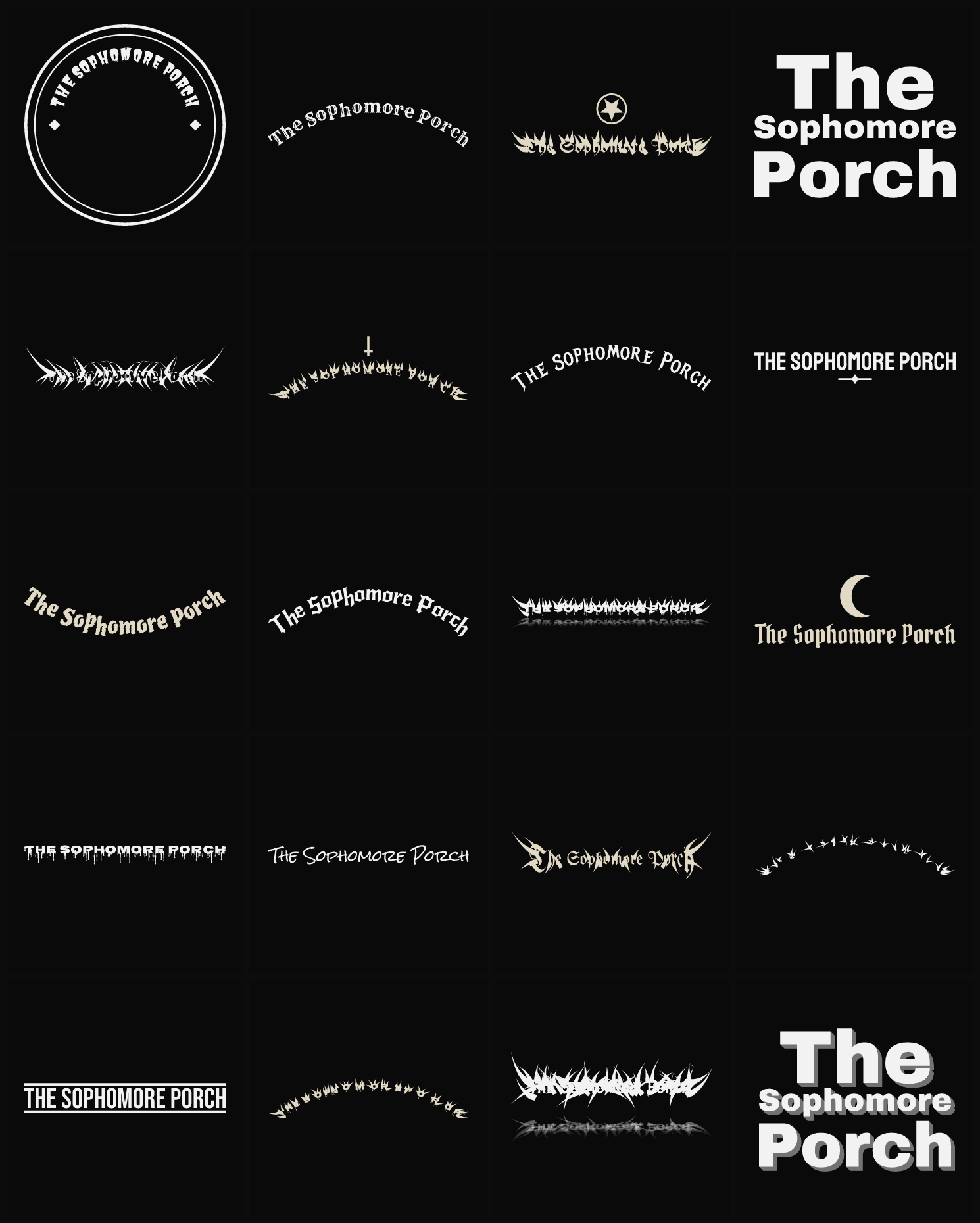 Twenty The Sophomore Porch band logo ideas — different faces, treatments and spike settings