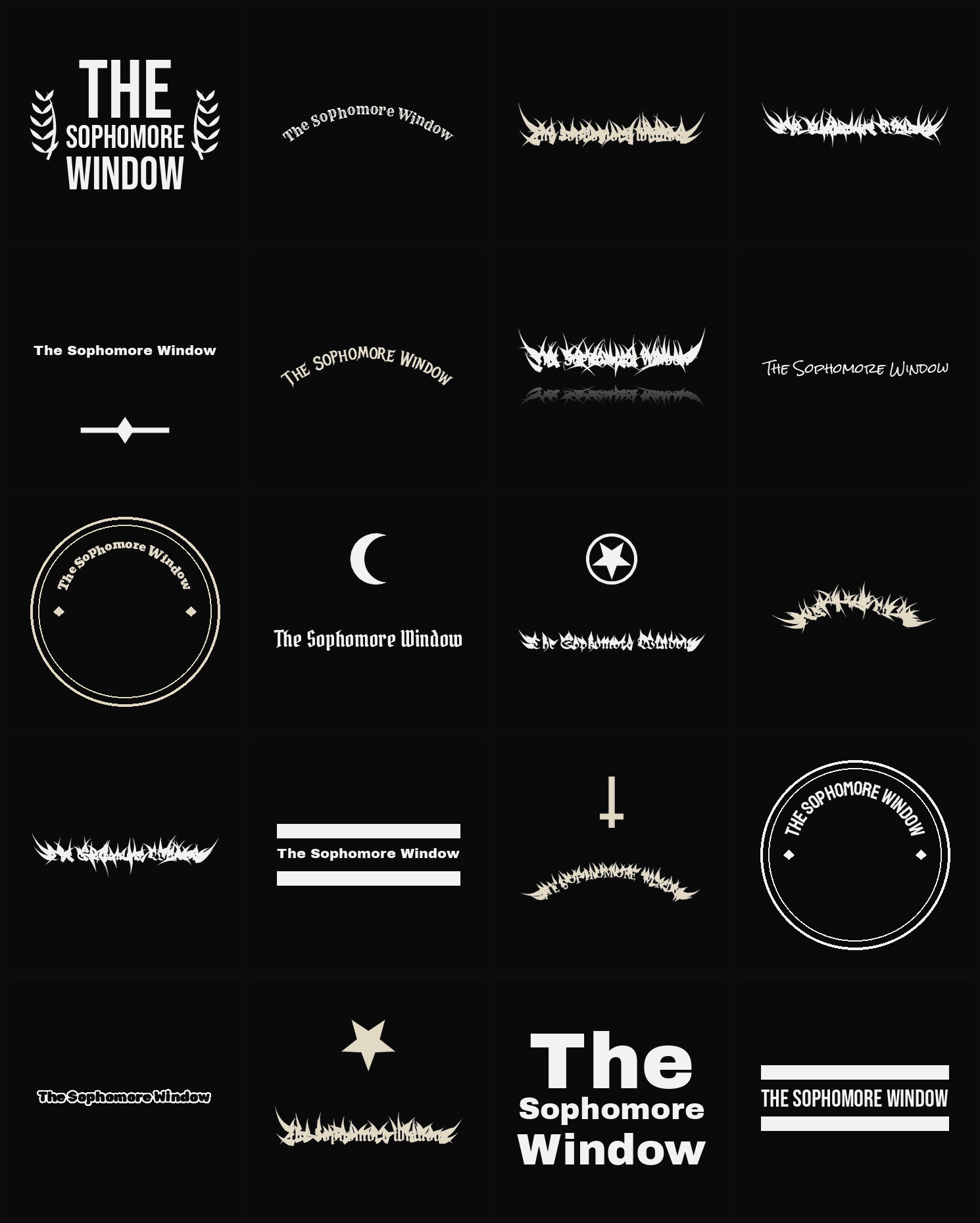Twenty The Sophomore Window band logo ideas — different faces, treatments and spike settings