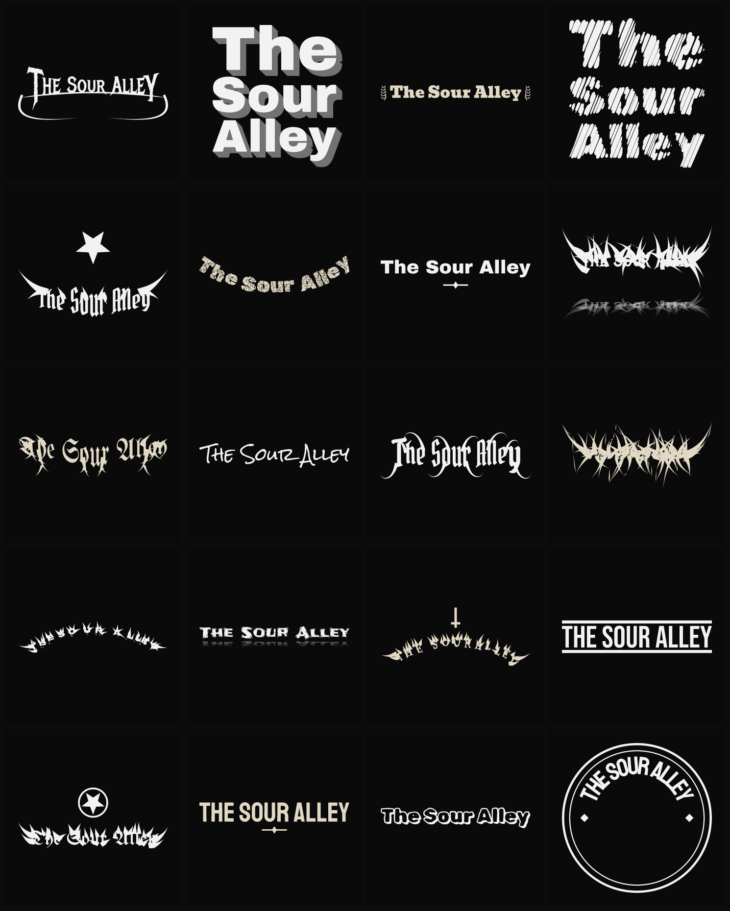 Twenty The Sour Alley band logo ideas — different faces, treatments and spike settings