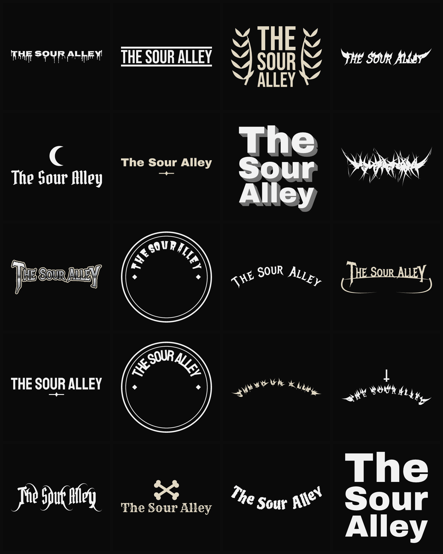 Twenty The Sour Alley band logo ideas — different faces, treatments and spike settings