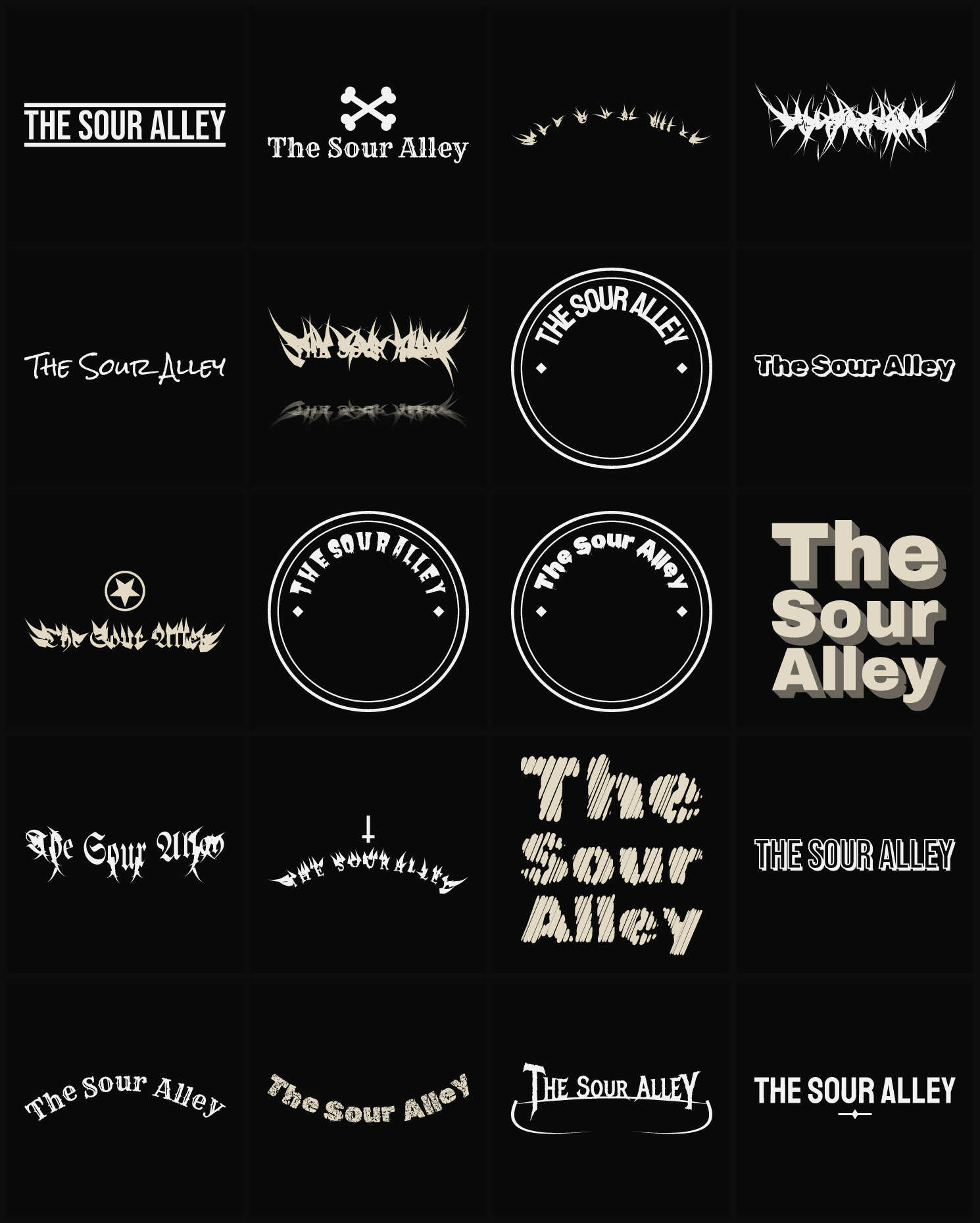 Twenty The Sour Alley band logo ideas — different faces, treatments and spike settings