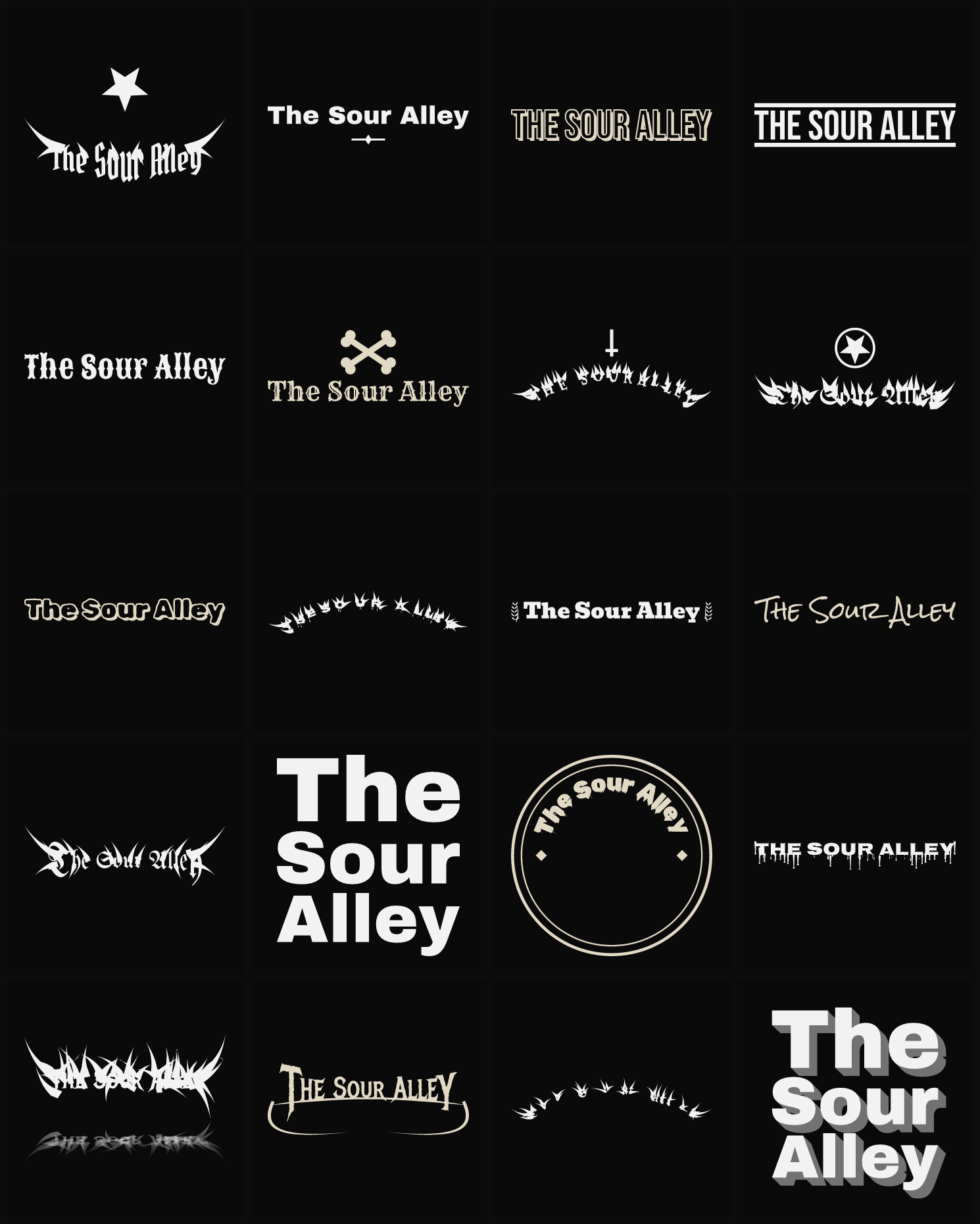Twenty The Sour Alley band logo ideas — different faces, treatments and spike settings