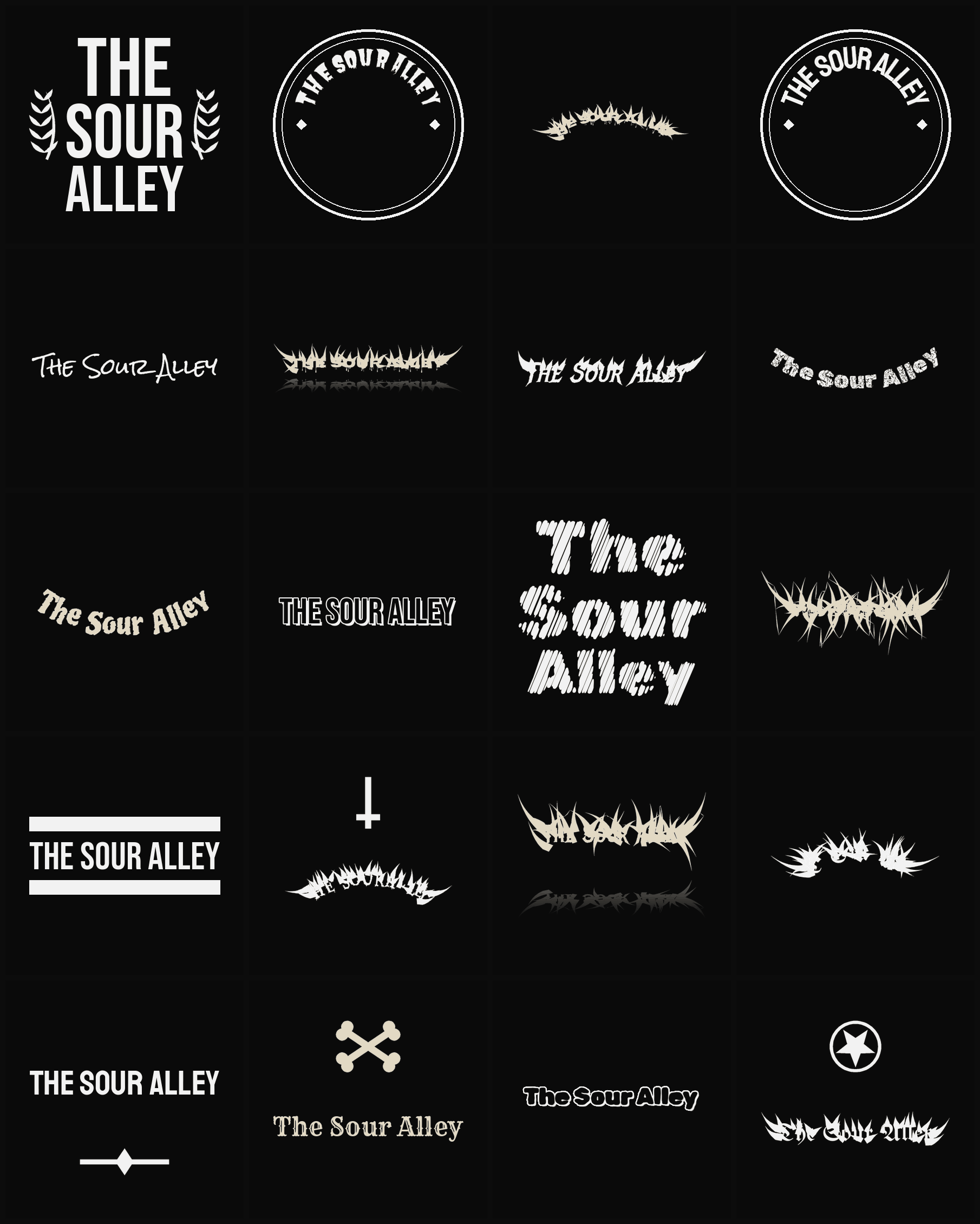 Twenty The Sour Alley band logo ideas — different faces, treatments and spike settings