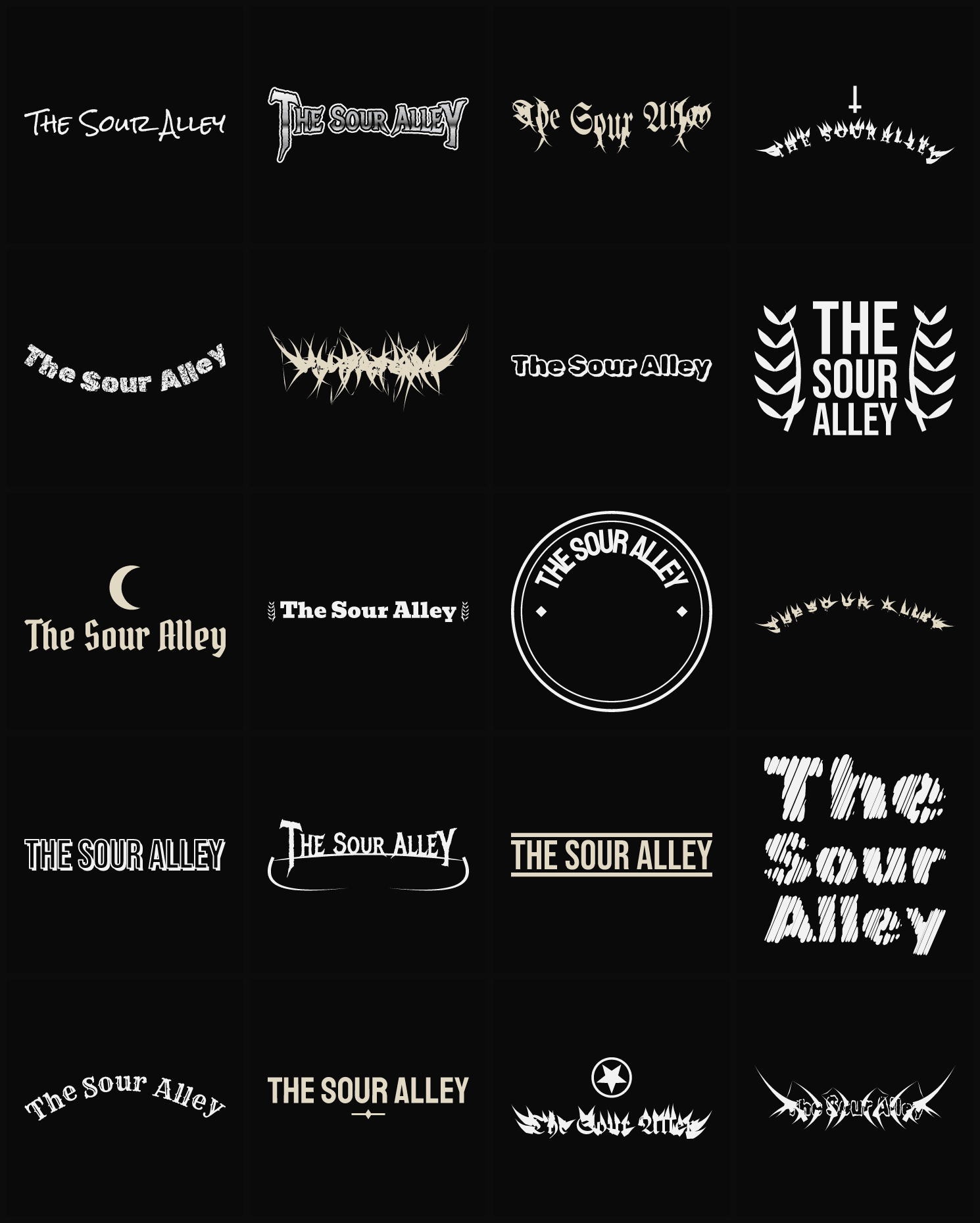 Twenty The Sour Alley band logo ideas — different faces, treatments and spike settings
