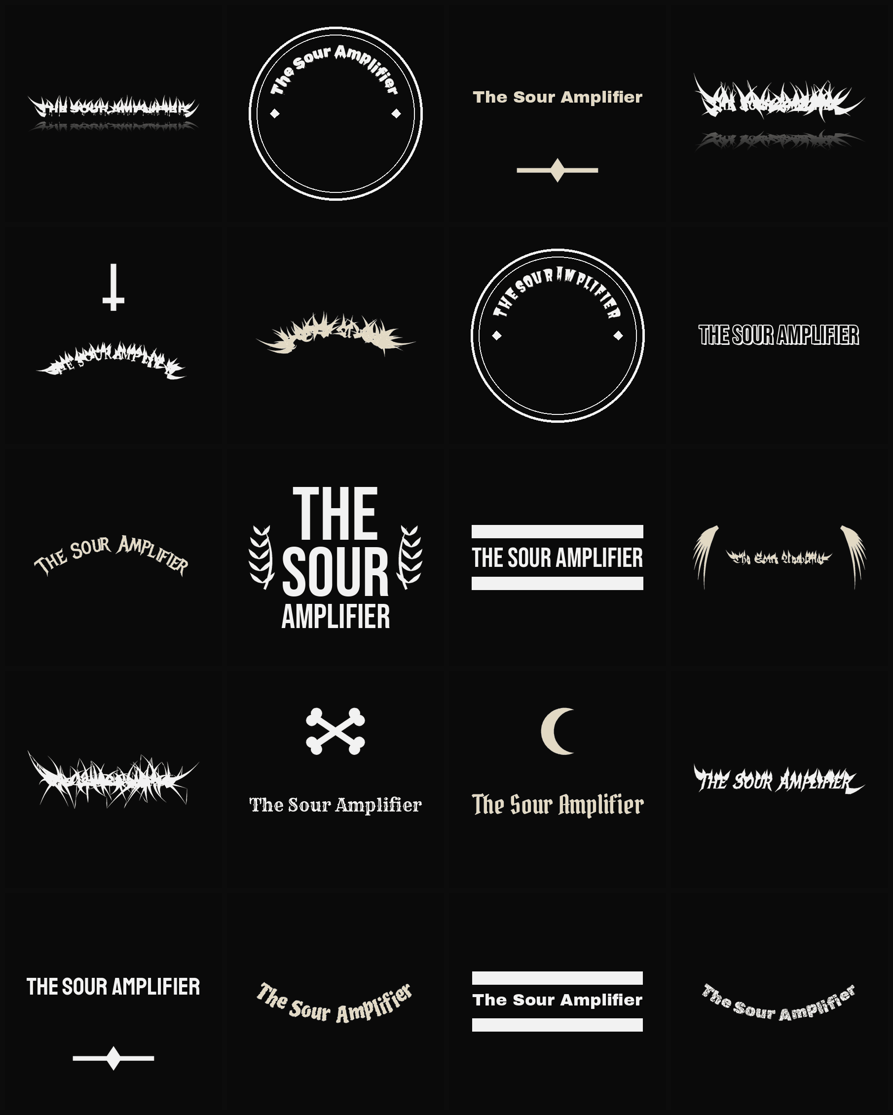Twenty The Sour Amplifier band logo ideas — different faces, treatments and spike settings