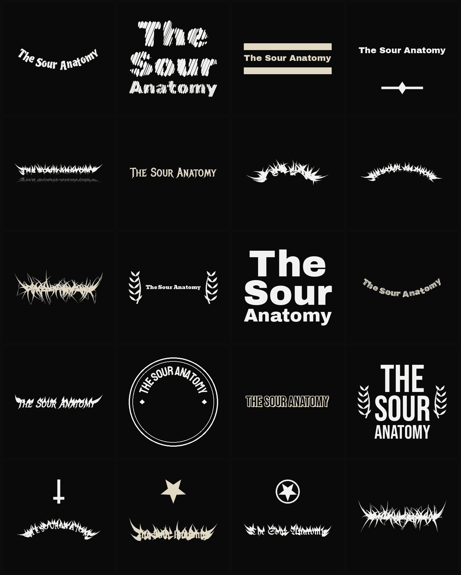 Twenty The Sour Anatomy band logo ideas — different faces, treatments and spike settings