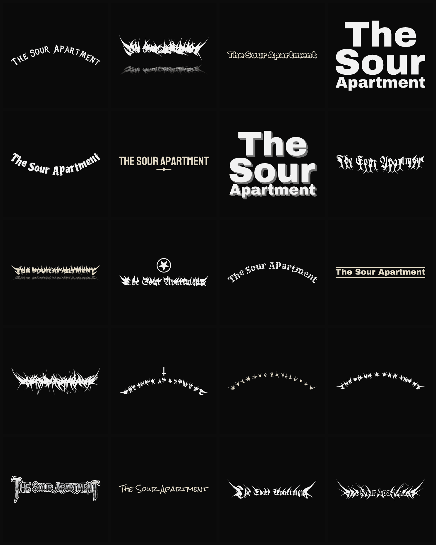 Twenty The Sour Apartment band logo ideas — different faces, treatments and spike settings
