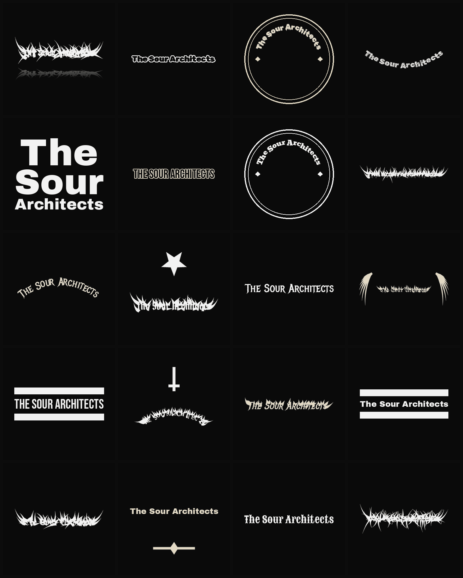 Twenty The Sour Architects band logo ideas — different faces, treatments and spike settings