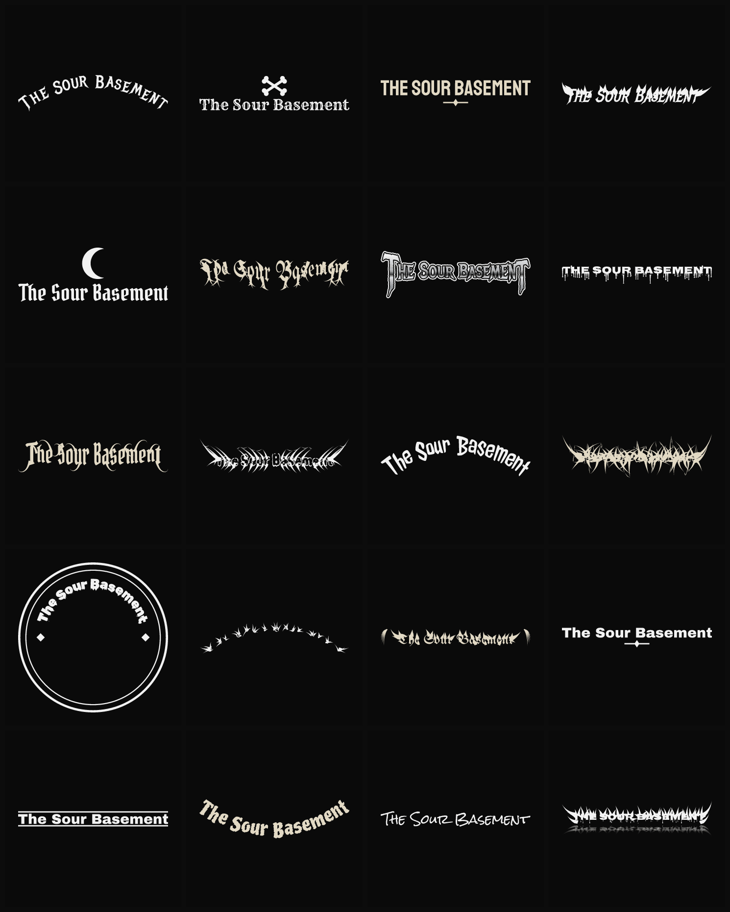 Twenty The Sour Basement band logo ideas — different faces, treatments and spike settings