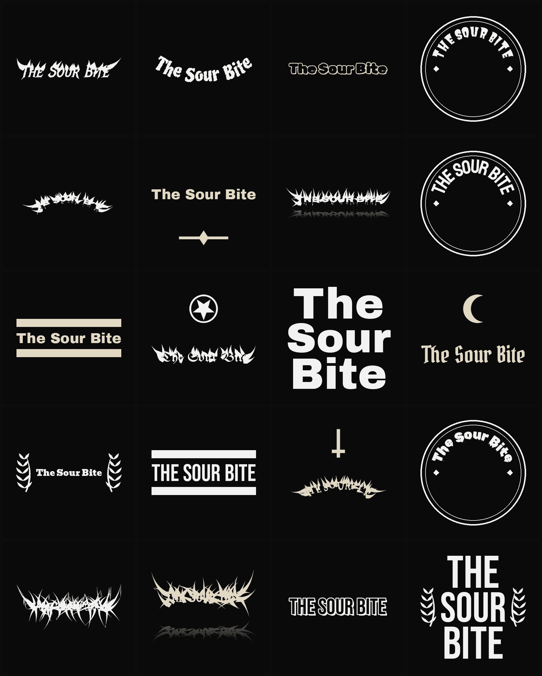 Twenty The Sour Bite band logo ideas — different faces, treatments and spike settings