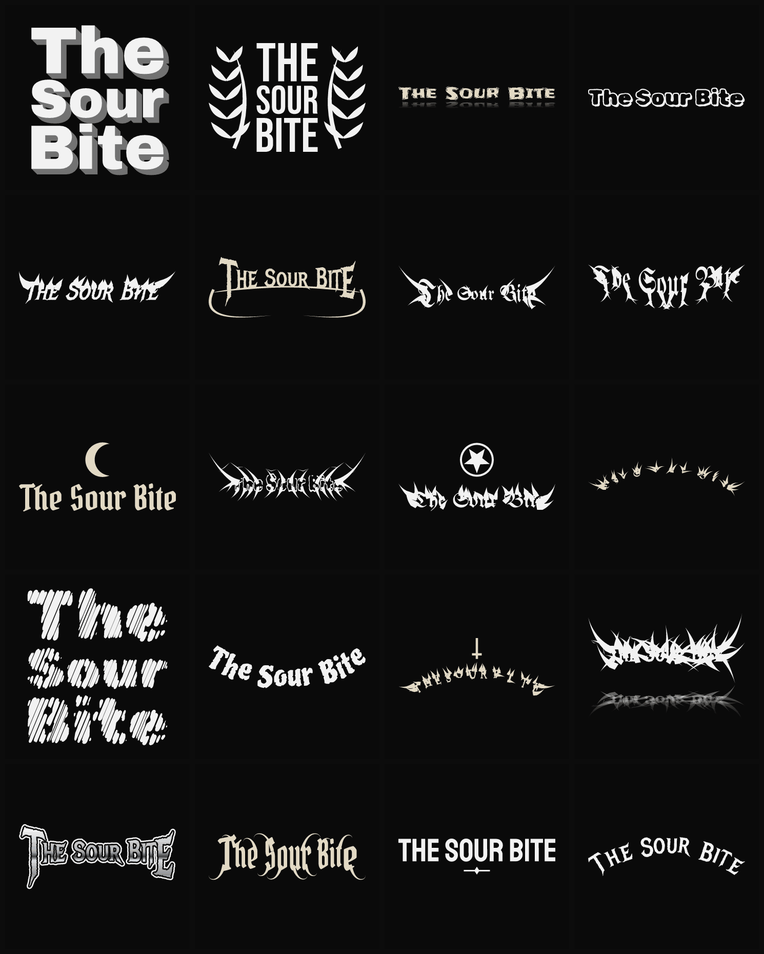 Twenty The Sour Bite band logo ideas — different faces, treatments and spike settings