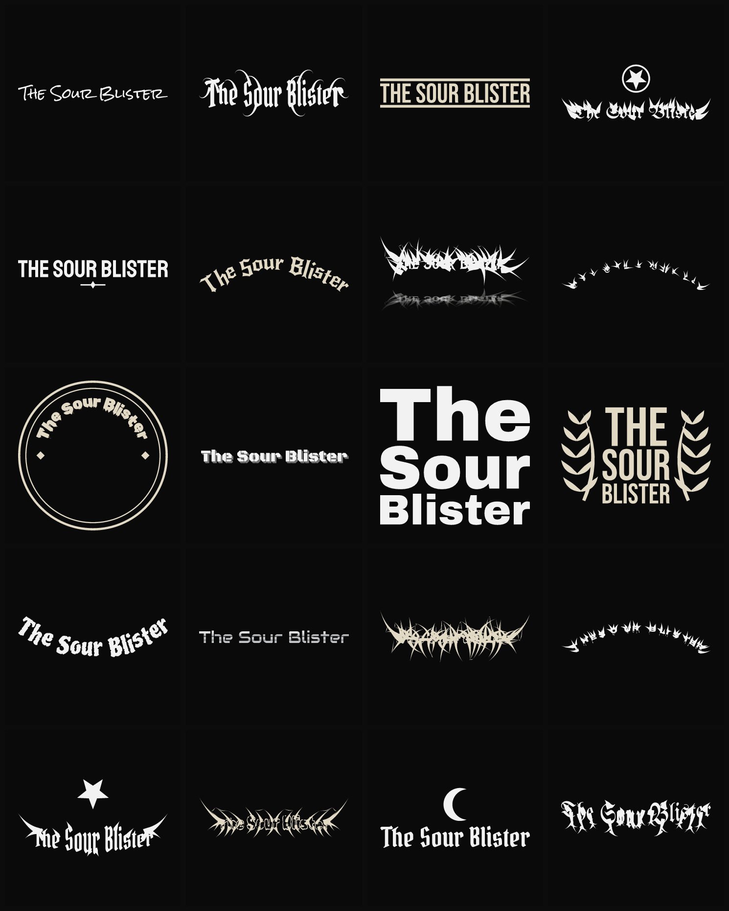 Twenty The Sour Blister band logo ideas — different faces, treatments and spike settings