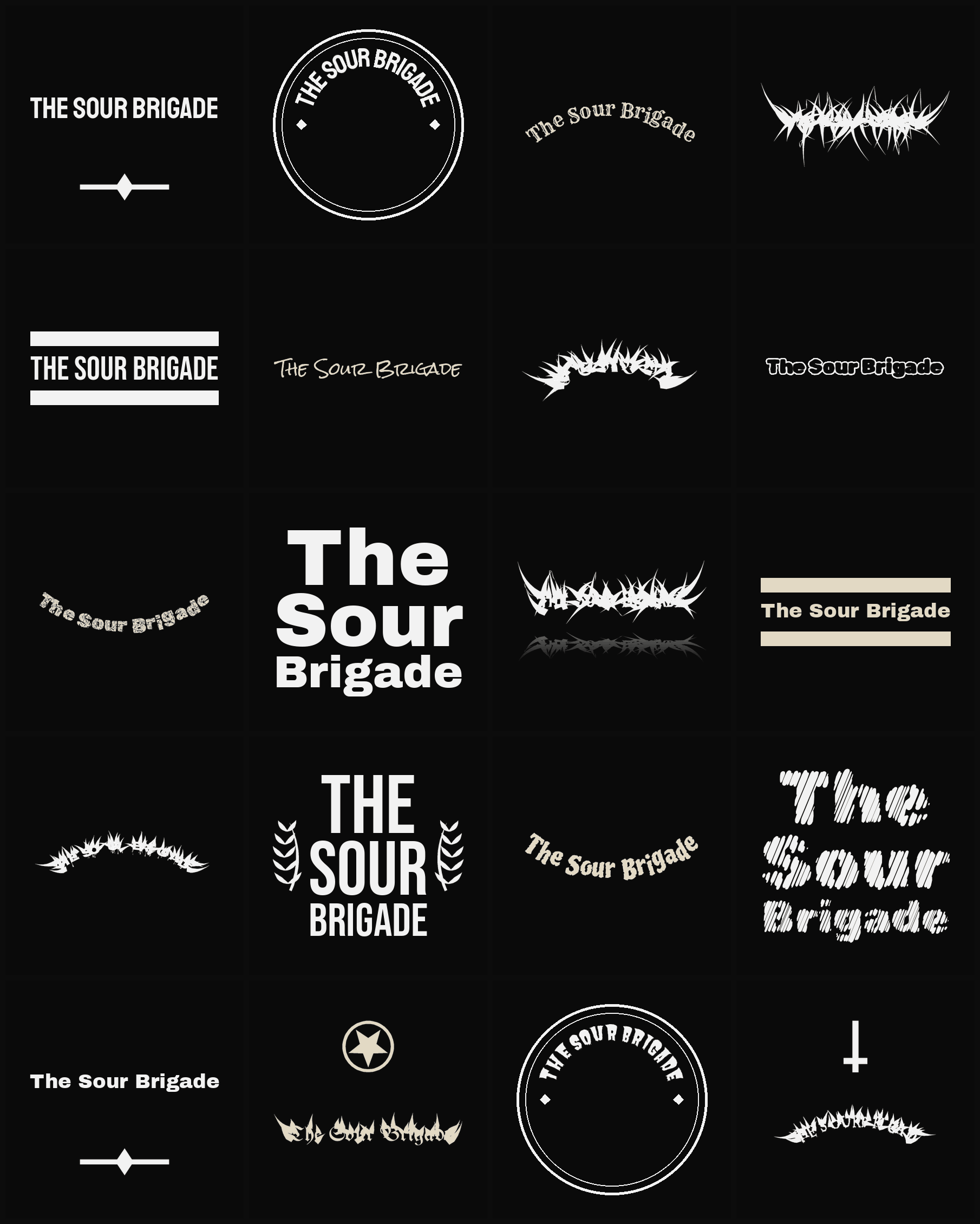 Twenty The Sour Brigade band logo ideas — different faces, treatments and spike settings