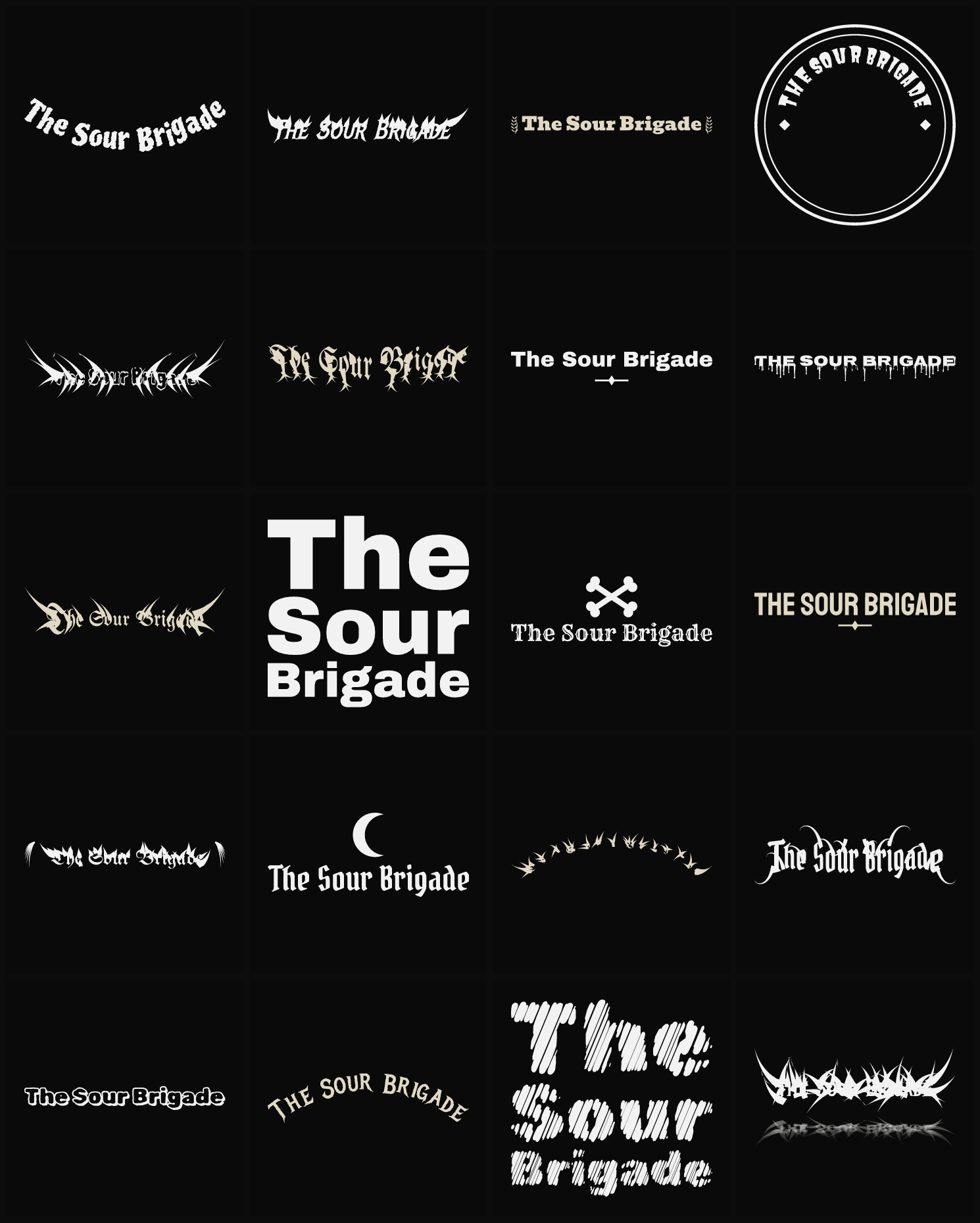 Twenty The Sour Brigade band logo ideas — different faces, treatments and spike settings
