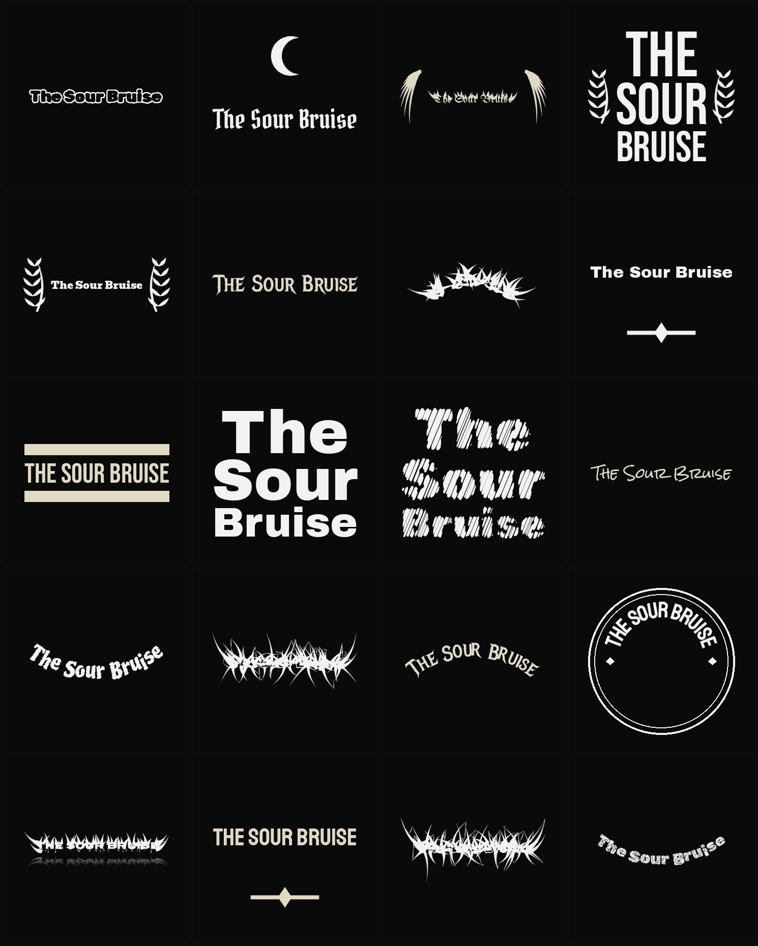Twenty The Sour Bruise band logo ideas — different faces, treatments and spike settings