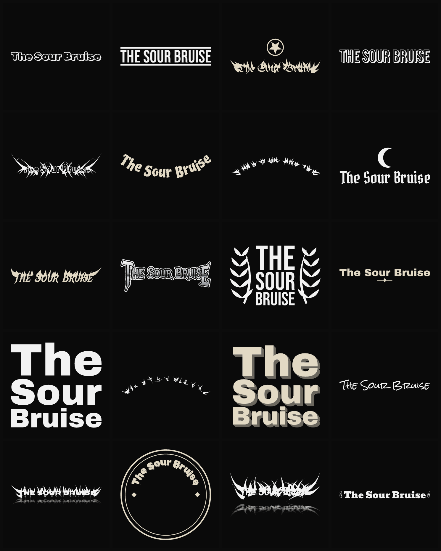 Twenty The Sour Bruise band logo ideas — different faces, treatments and spike settings
