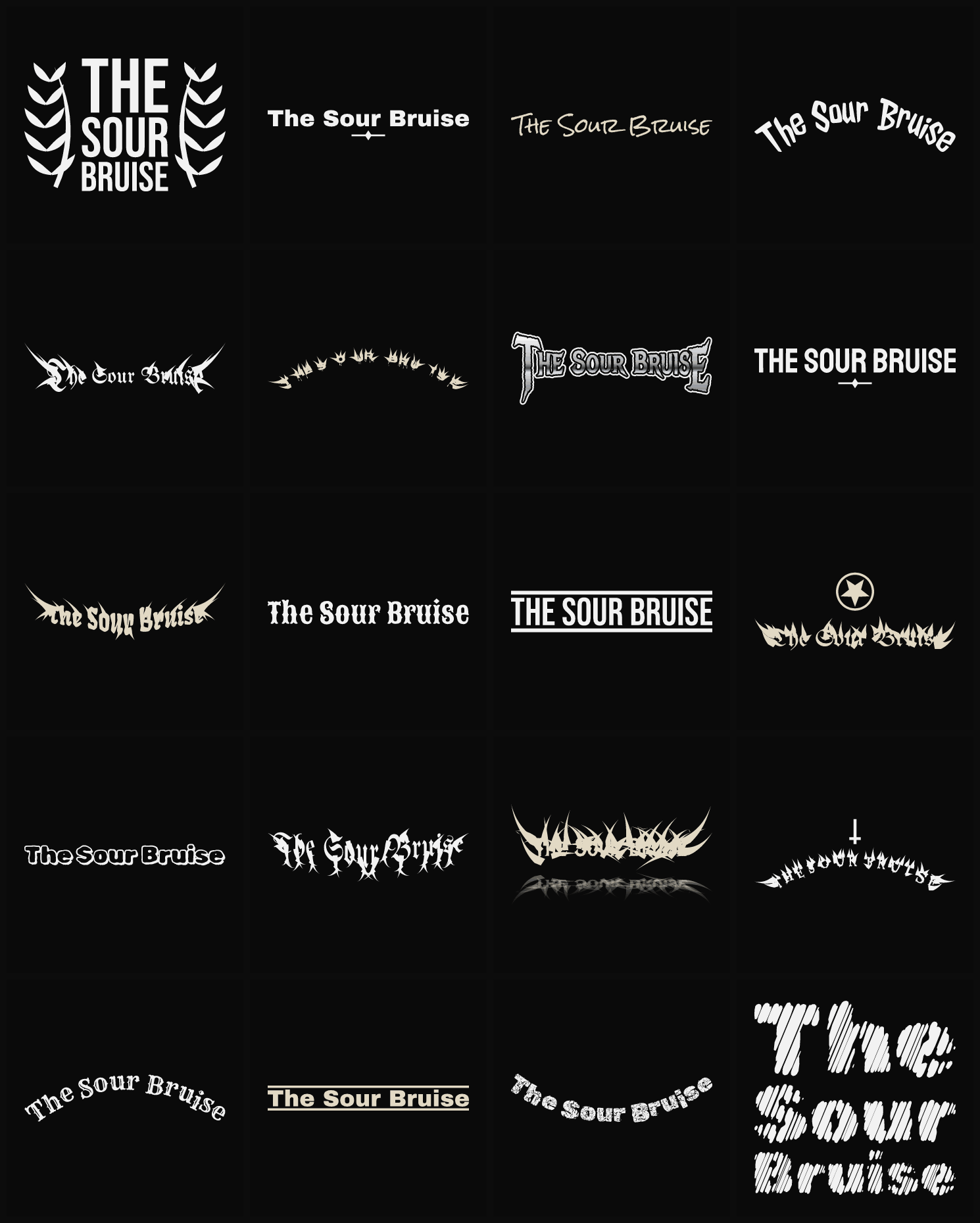 Twenty The Sour Bruise band logo ideas — different faces, treatments and spike settings