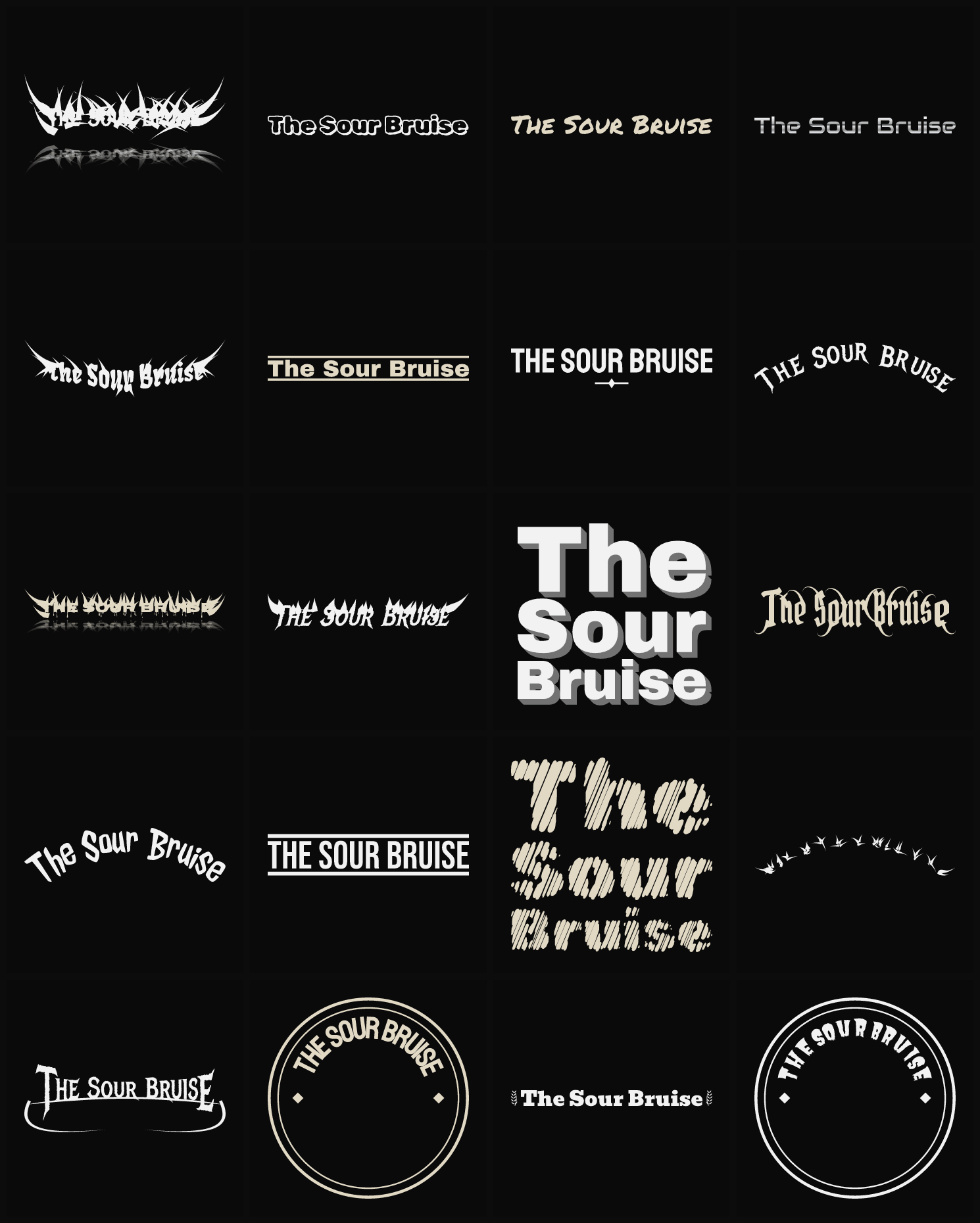 Twenty The Sour Bruise band logo ideas — different faces, treatments and spike settings