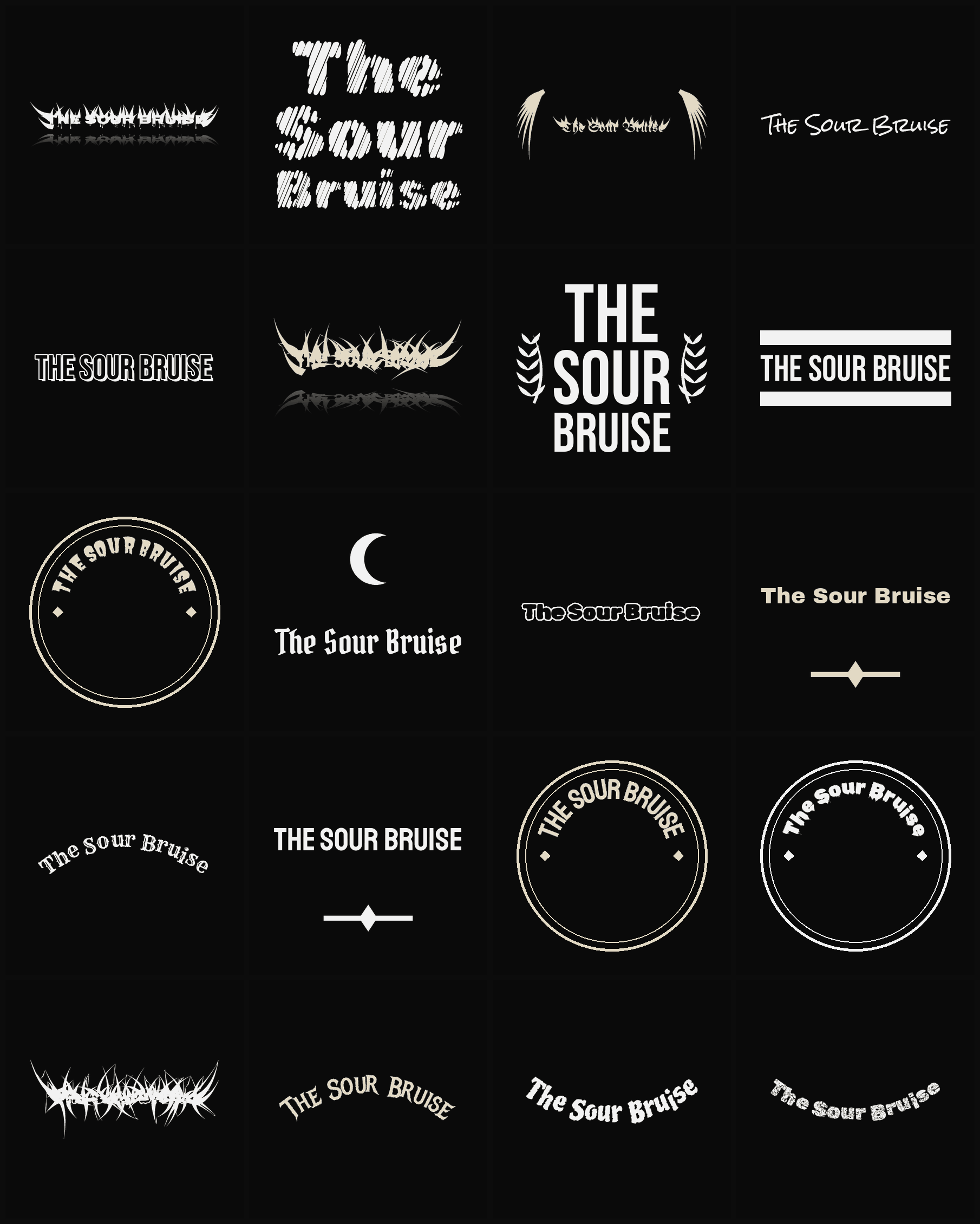 Twenty The Sour Bruise band logo ideas — different faces, treatments and spike settings