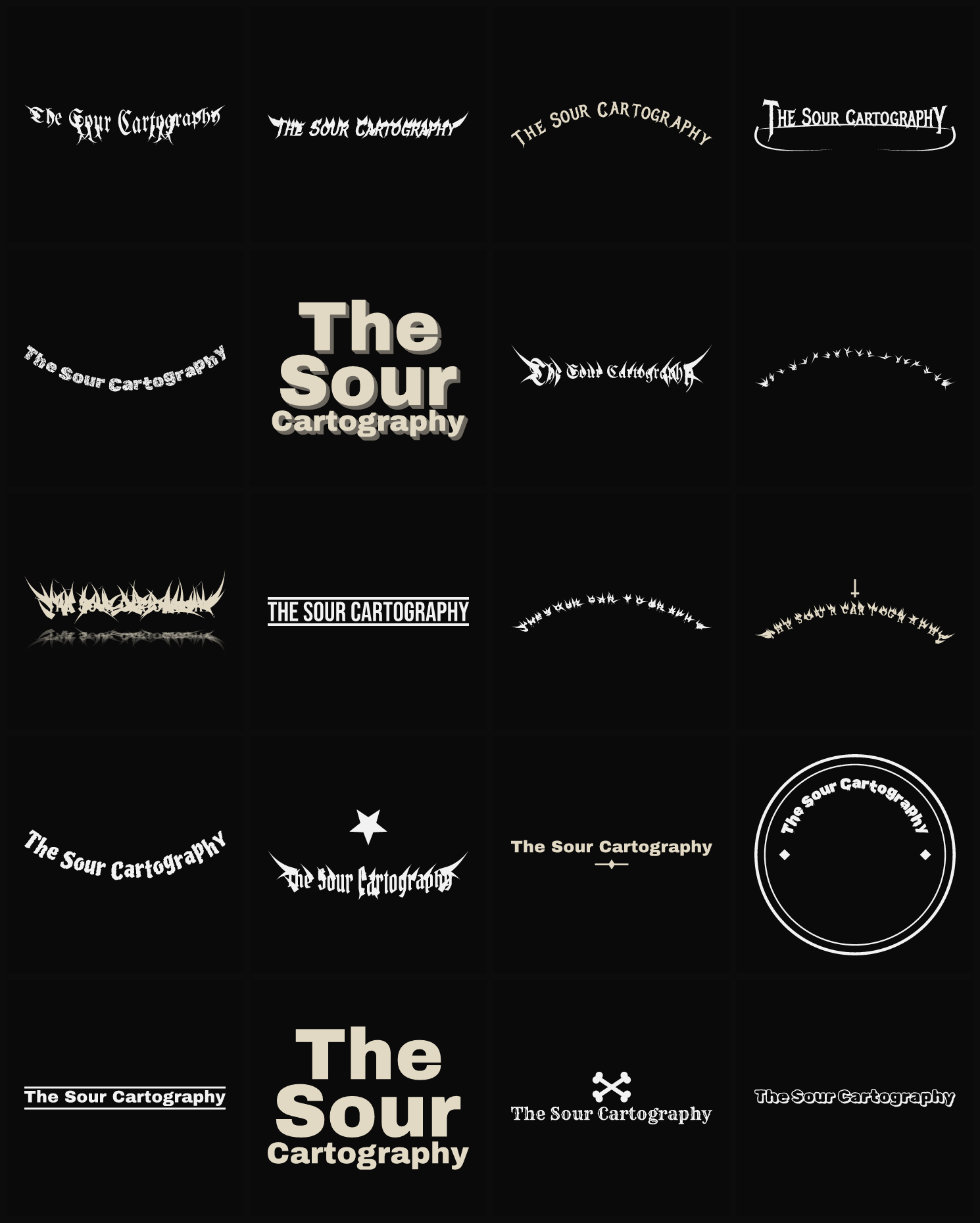 Twenty The Sour Cartography band logo ideas — different faces, treatments and spike settings
