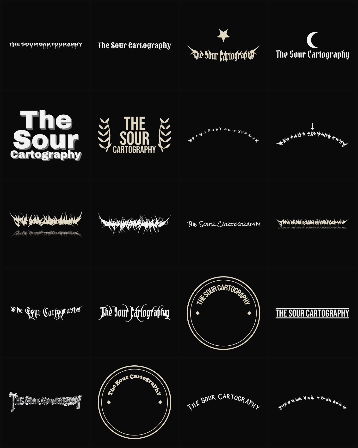 Twenty The Sour Cartography band logo ideas — different faces, treatments and spike settings