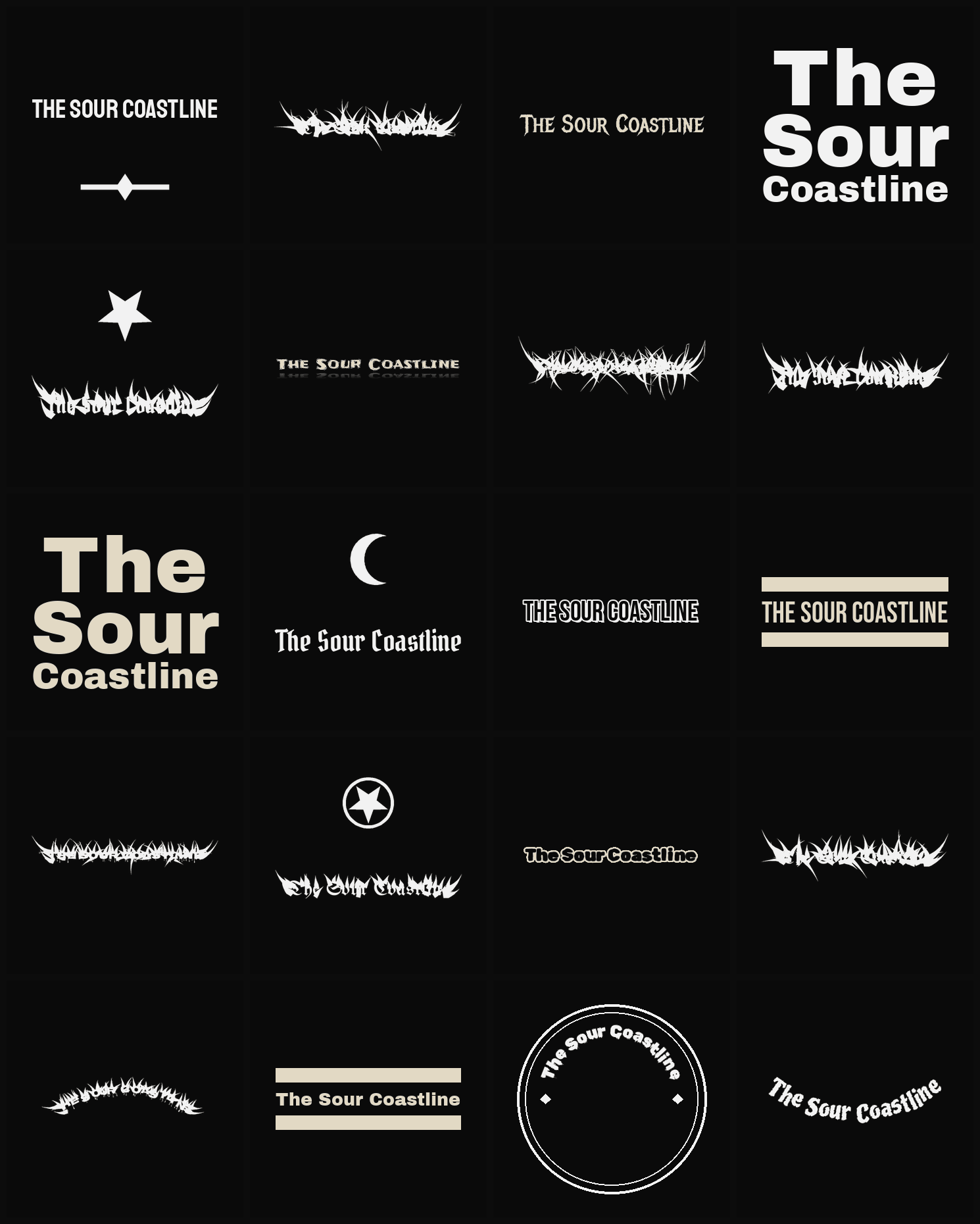 Twenty The Sour Coastline band logo ideas — different faces, treatments and spike settings