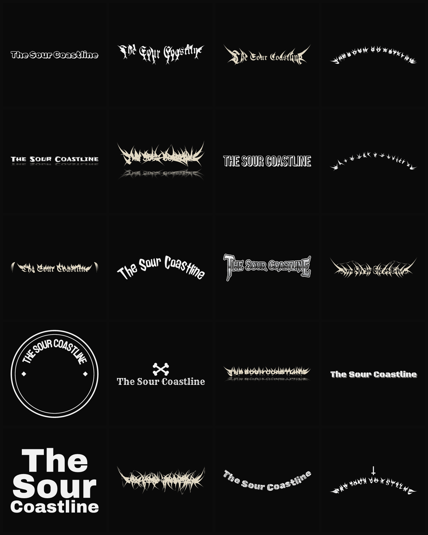 Twenty The Sour Coastline band logo ideas — different faces, treatments and spike settings