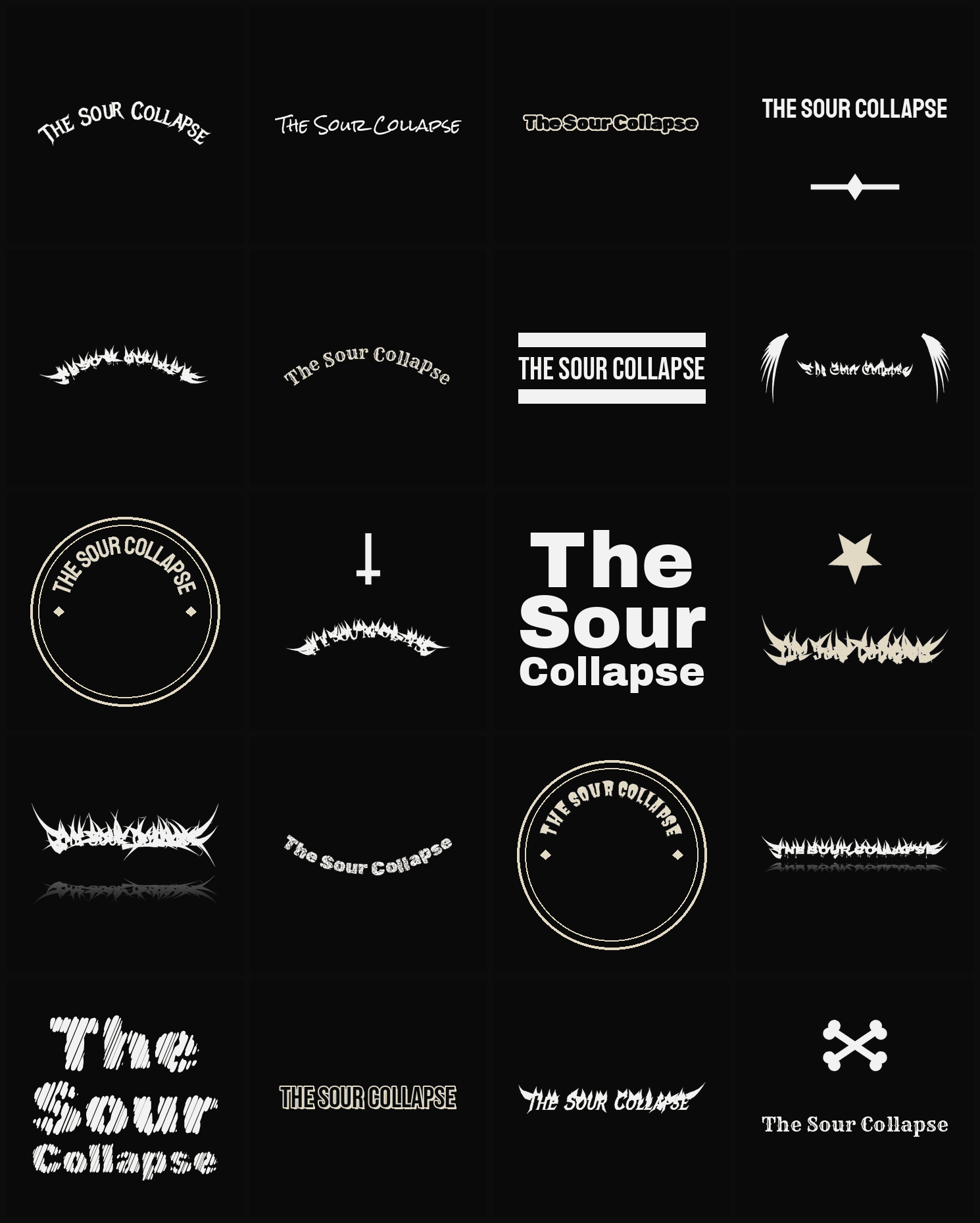 Twenty The Sour Collapse band logo ideas — different faces, treatments and spike settings