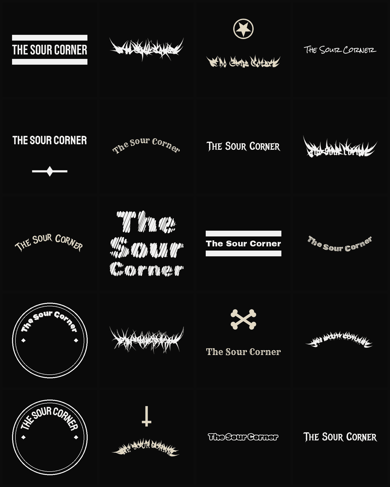 Twenty The Sour Corner band logo ideas — different faces, treatments and spike settings