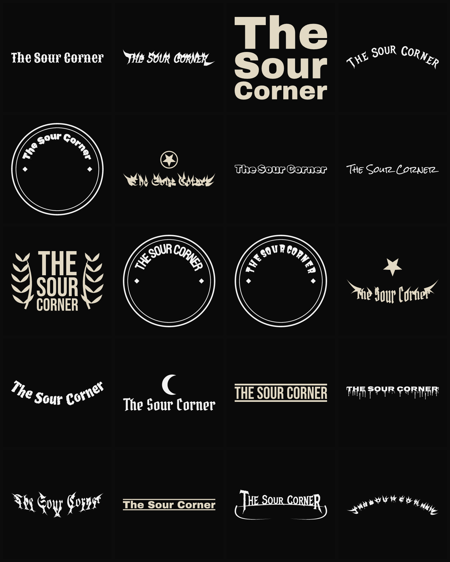 Twenty The Sour Corner band logo ideas — different faces, treatments and spike settings