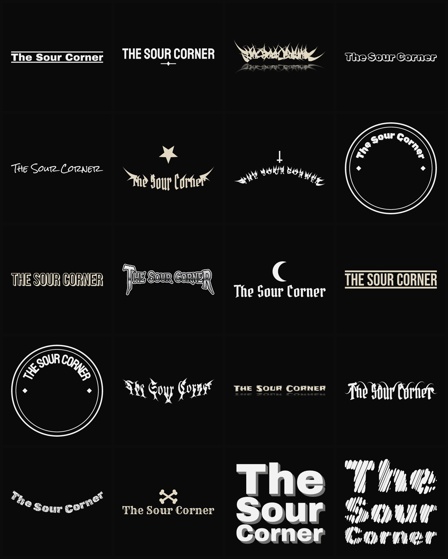 Twenty The Sour Corner band logo ideas — different faces, treatments and spike settings