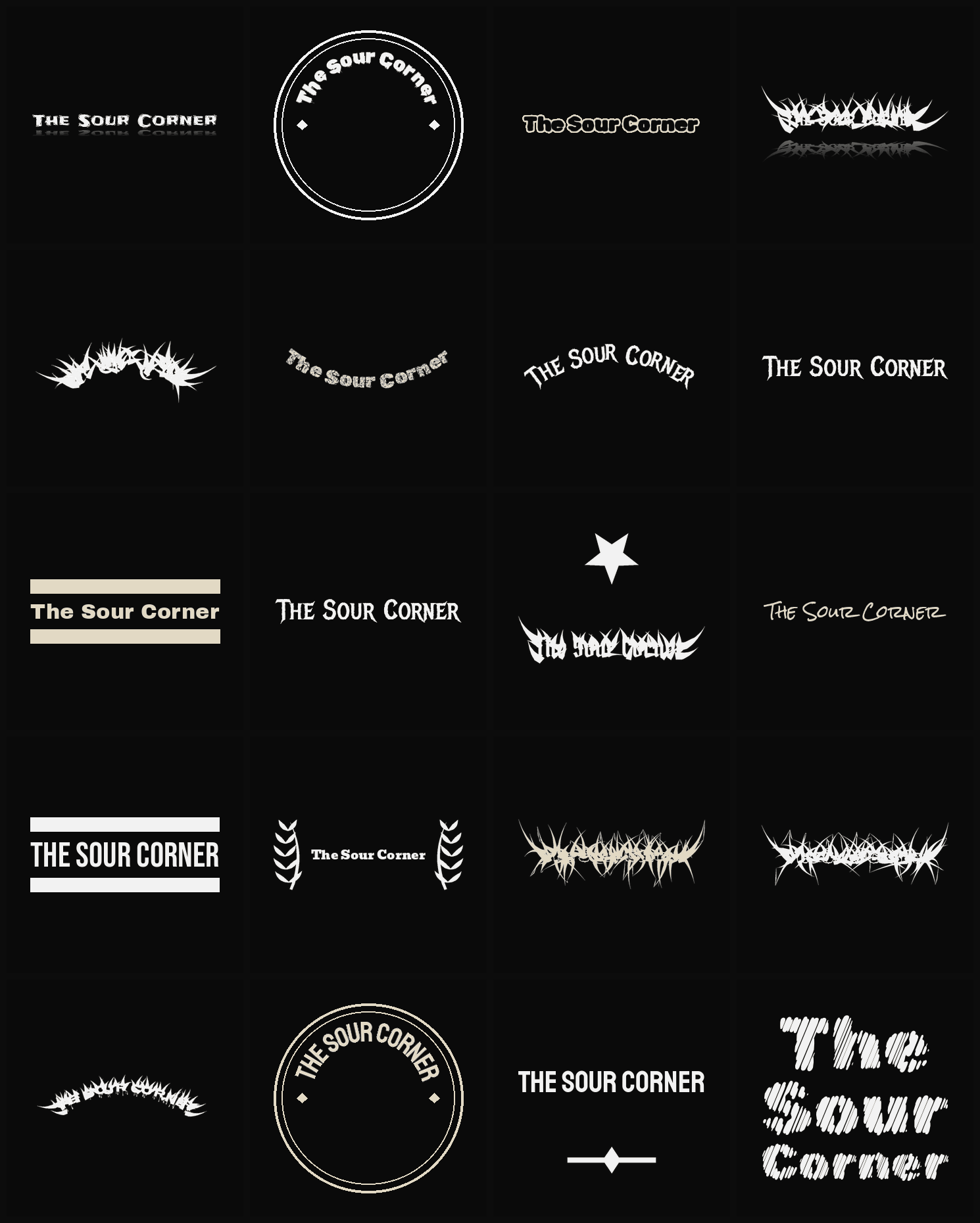 Twenty The Sour Corner band logo ideas — different faces, treatments and spike settings