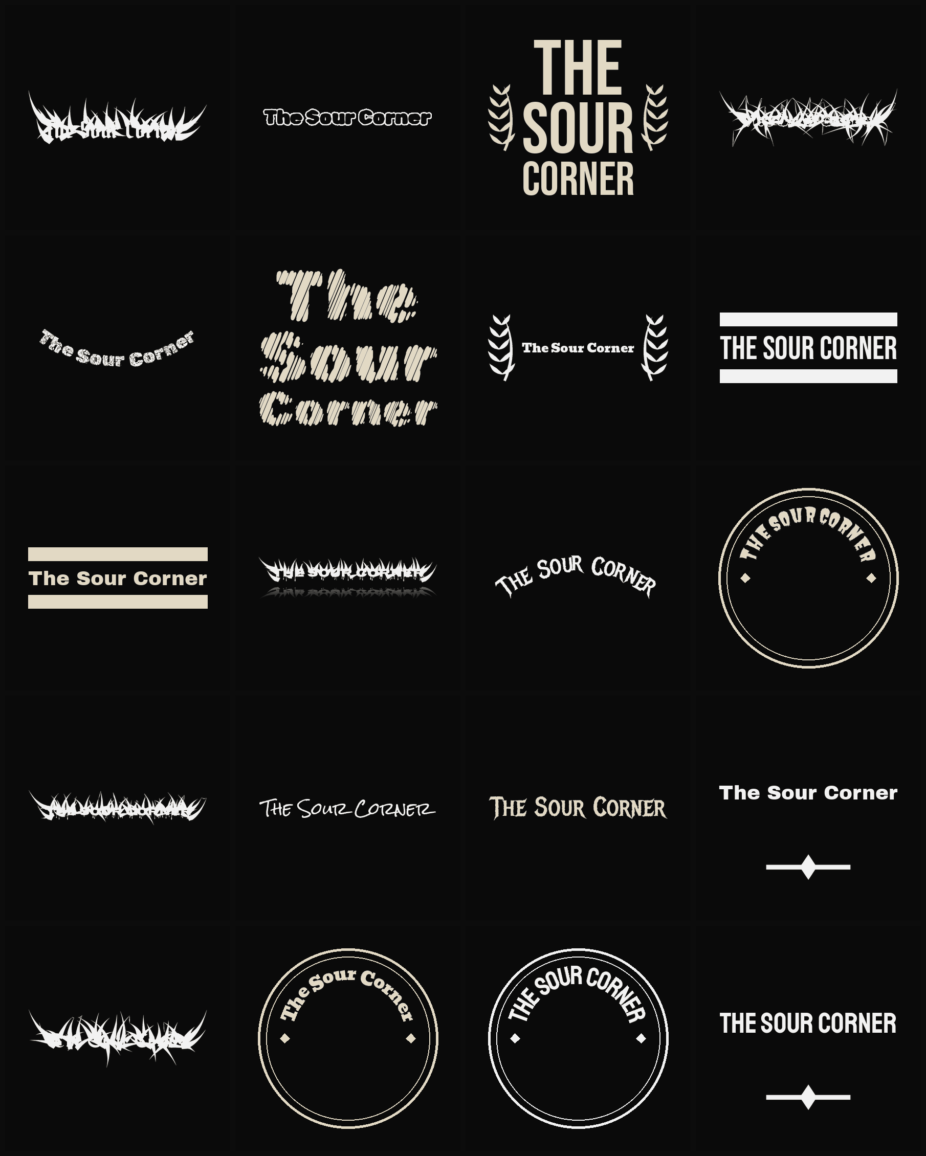 Twenty The Sour Corner band logo ideas — different faces, treatments and spike settings