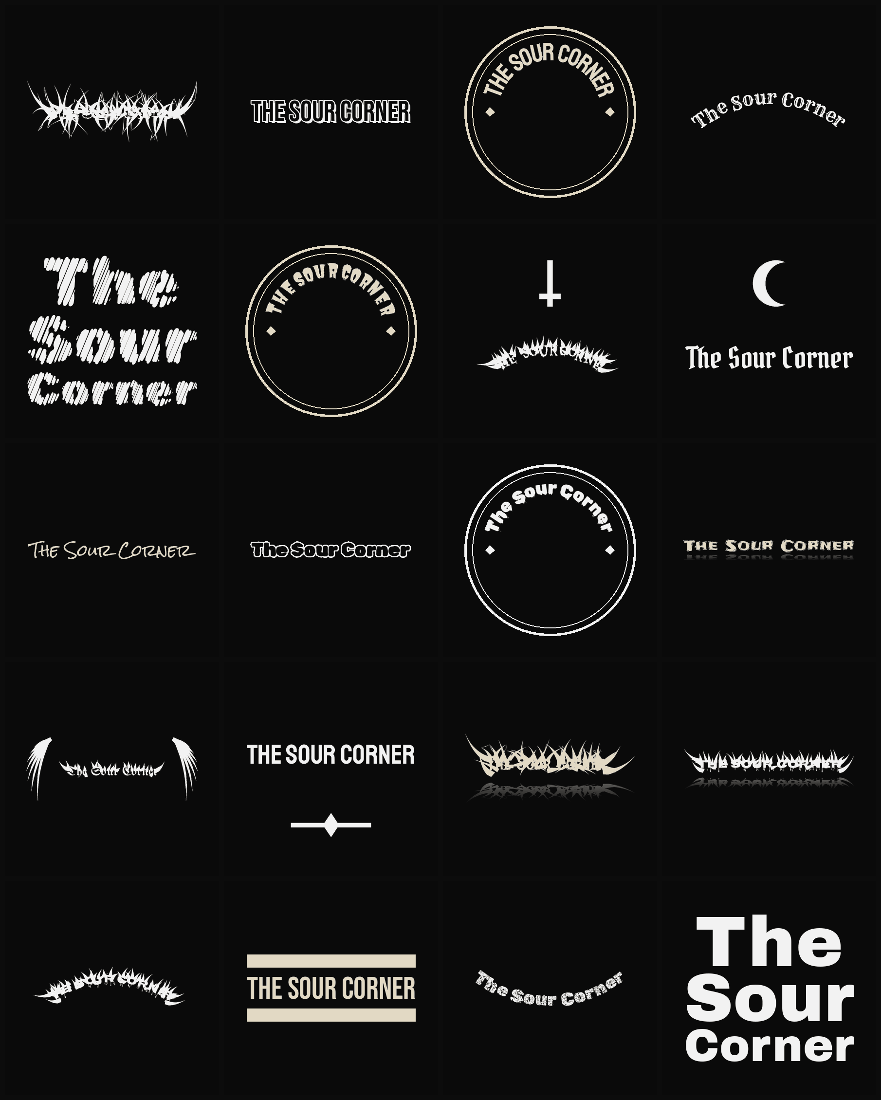 Twenty The Sour Corner band logo ideas — different faces, treatments and spike settings