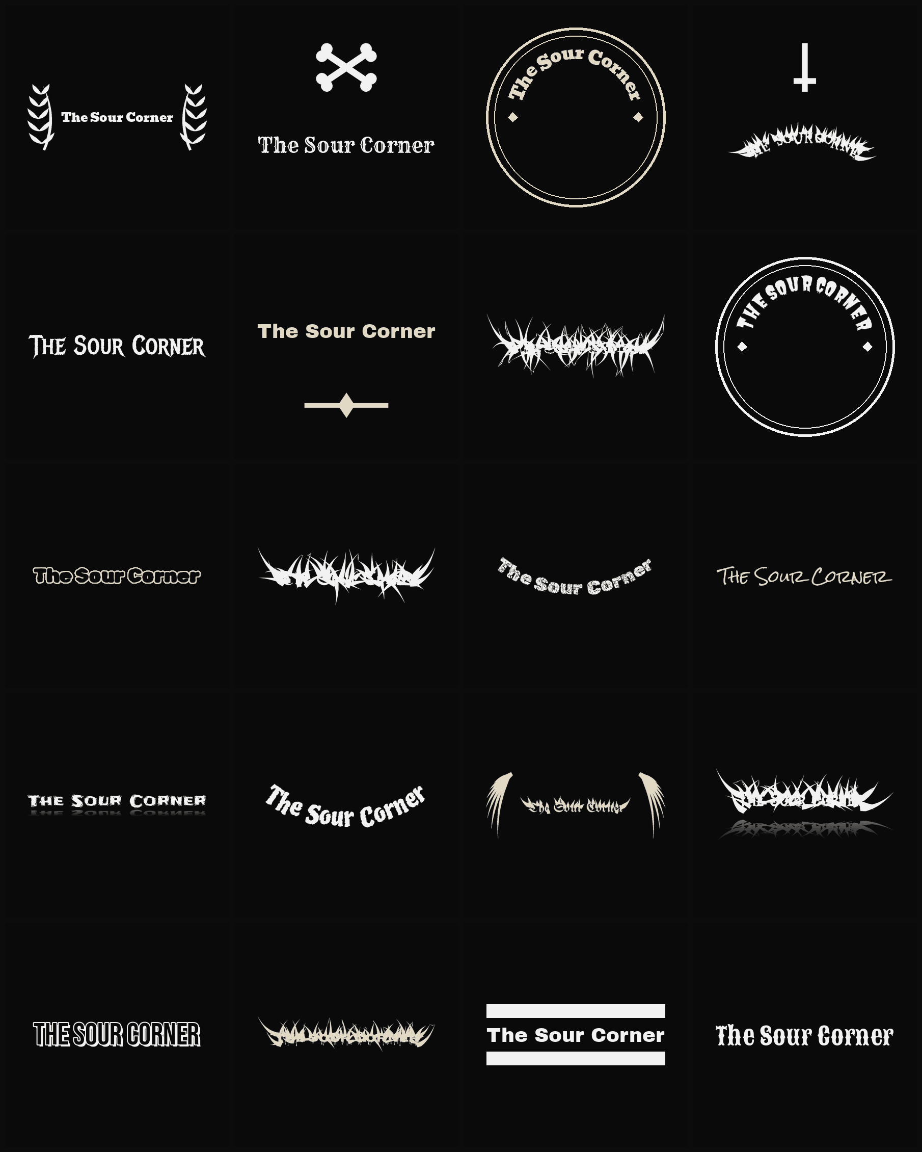 Twenty The Sour Corner band logo ideas — different faces, treatments and spike settings