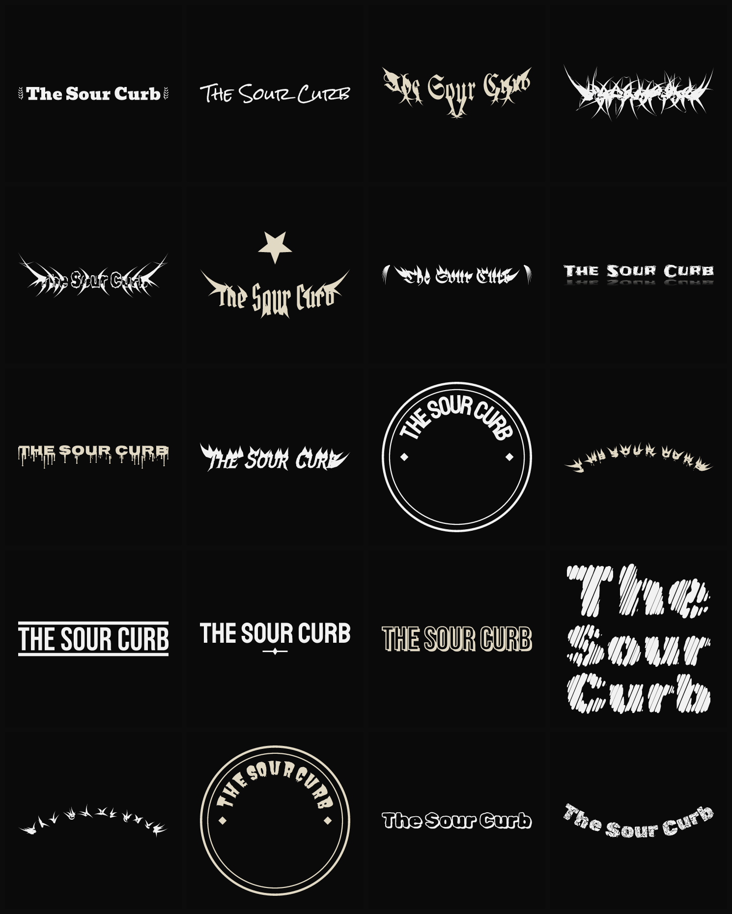 Twenty The Sour Curb band logo ideas — different faces, treatments and spike settings