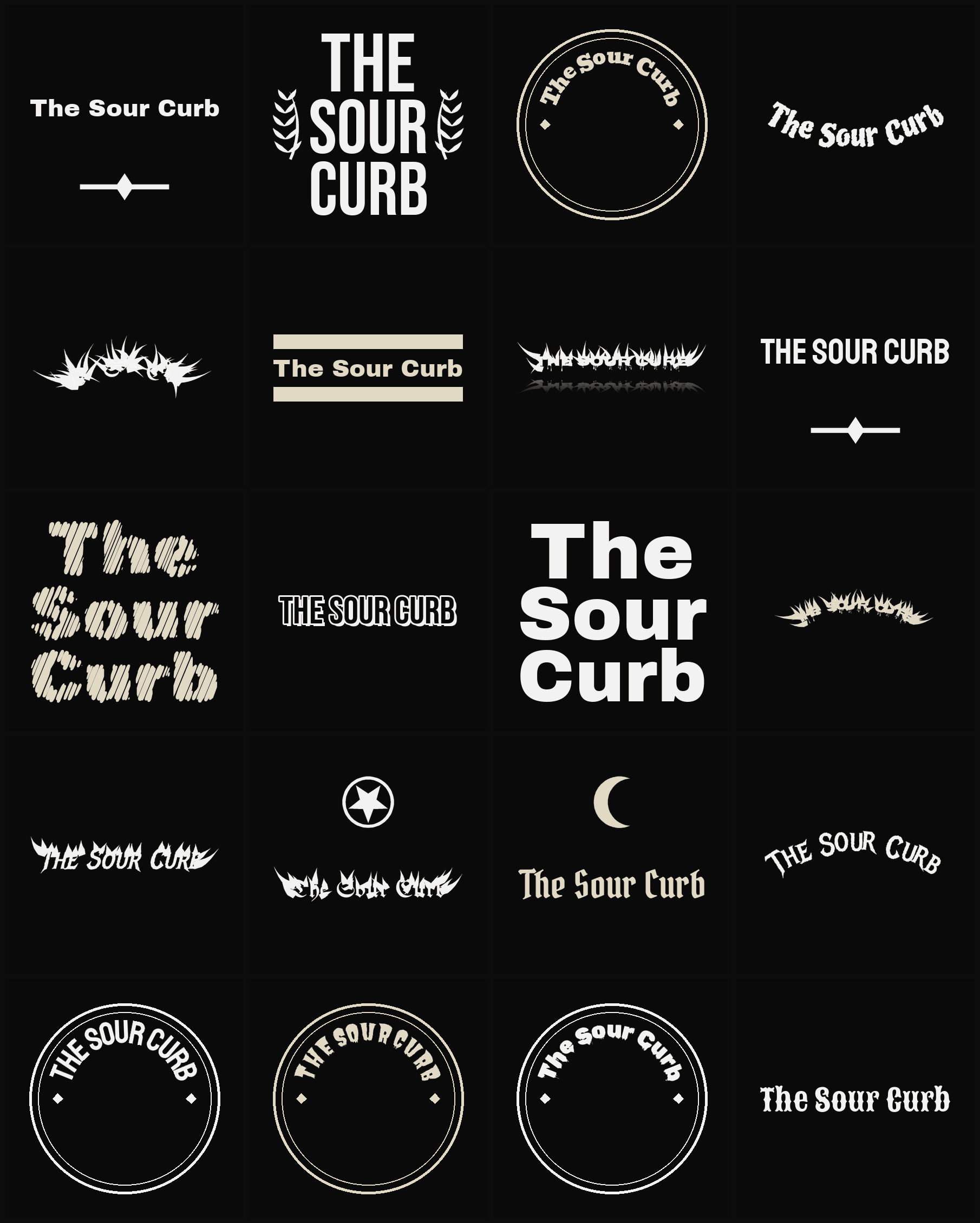 Twenty The Sour Curb band logo ideas — different faces, treatments and spike settings